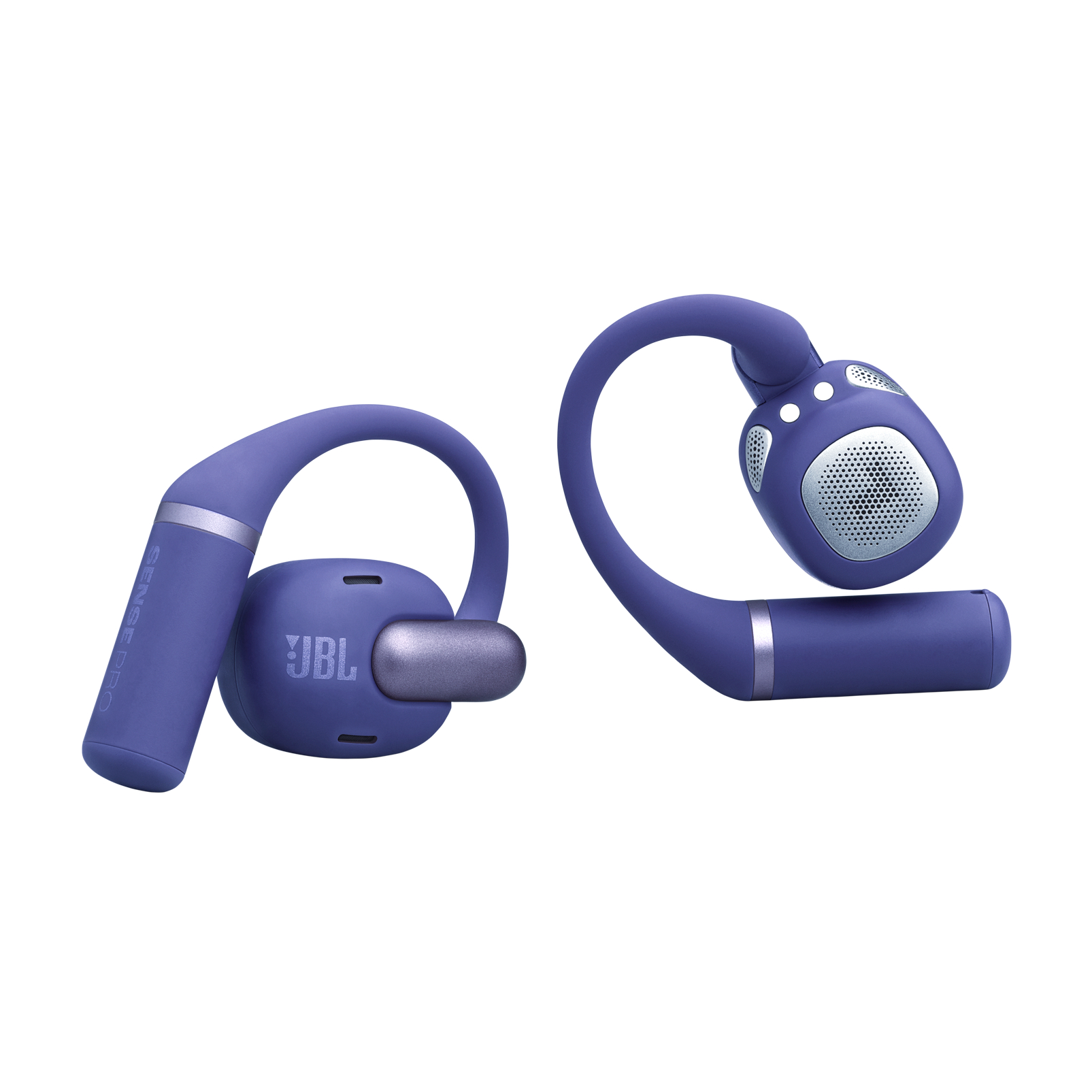 Zwei blaue JBL-Ohrhörer, einer mit 'SENSE PRO' am Arm. Beide haben graue Akzente und befinden sich vor weißem Hintergrund.