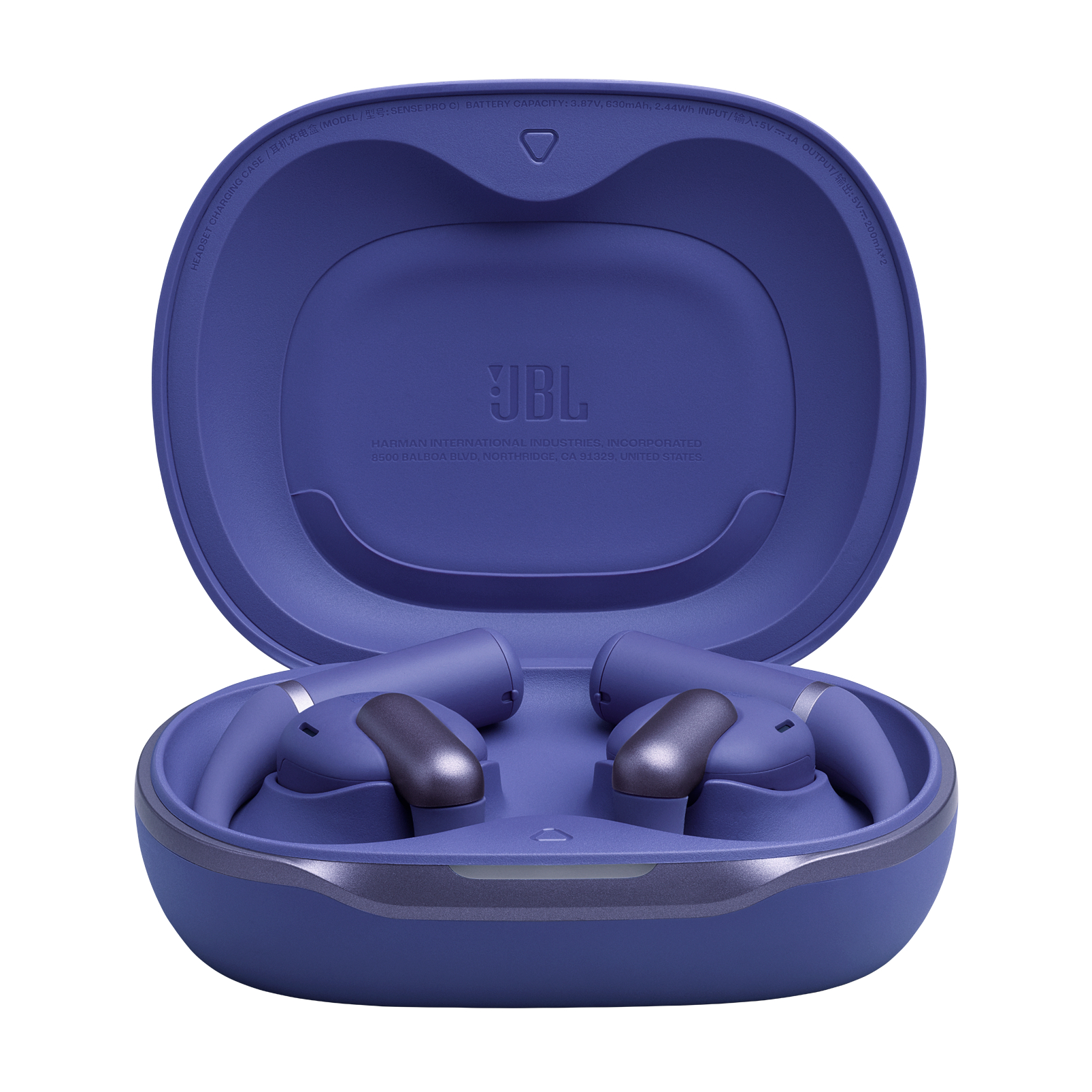 Geöffnete lila JBL-Ohrhörer-Ladehülle mit zwei Ohrhörern. Die Hülle ist geöffnet und zeigt die Ohrhörer.