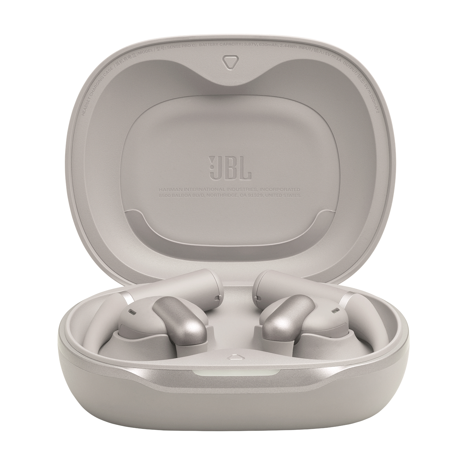 Ein offenes, hellgraues JBL-Ladecase mit zwei Ohrhörern. Das Case ist mit Spezifikationen und dem JBL-Logo versehen.