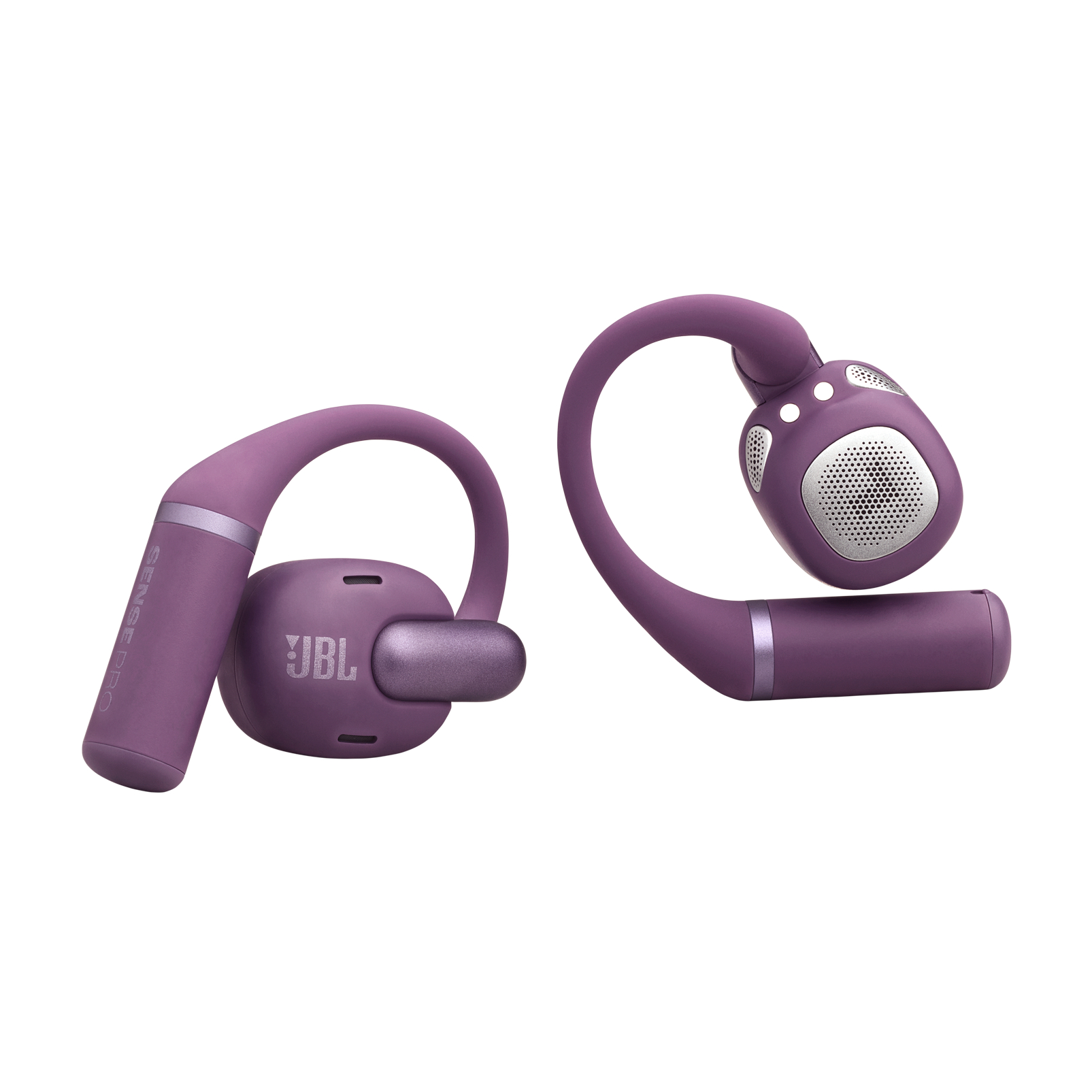 Zwei lila JBL Sense Pro Ohrhörer. Jeder hat ein gebogenes Design und silberne Akzente. Das JBL-Logo ist auf einem Ohrhörer zu sehen.