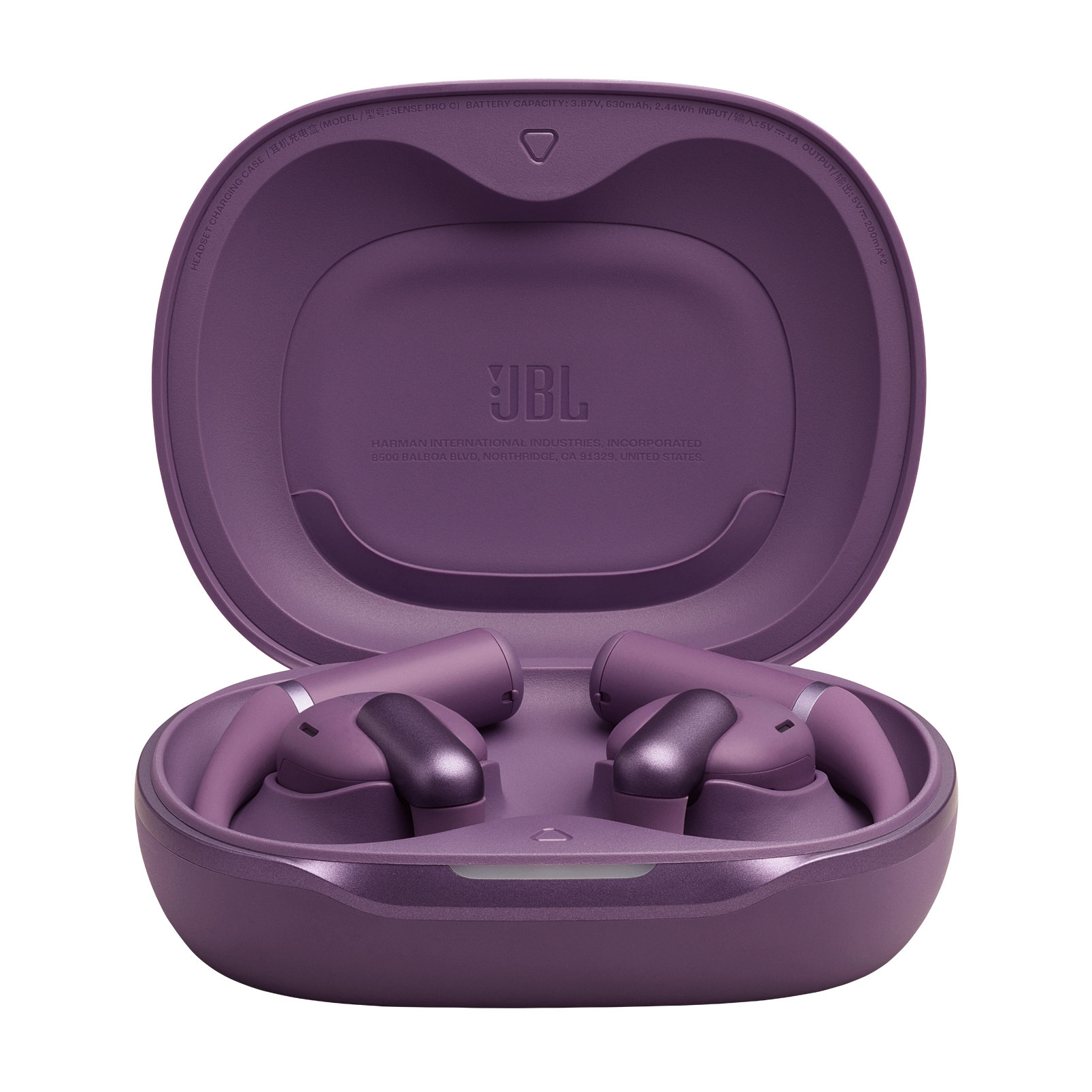 Lila JBL-Ohrhörer in einem offenen Ladekoffer. Der Koffer ist lila, mit dem JBL-Logo.