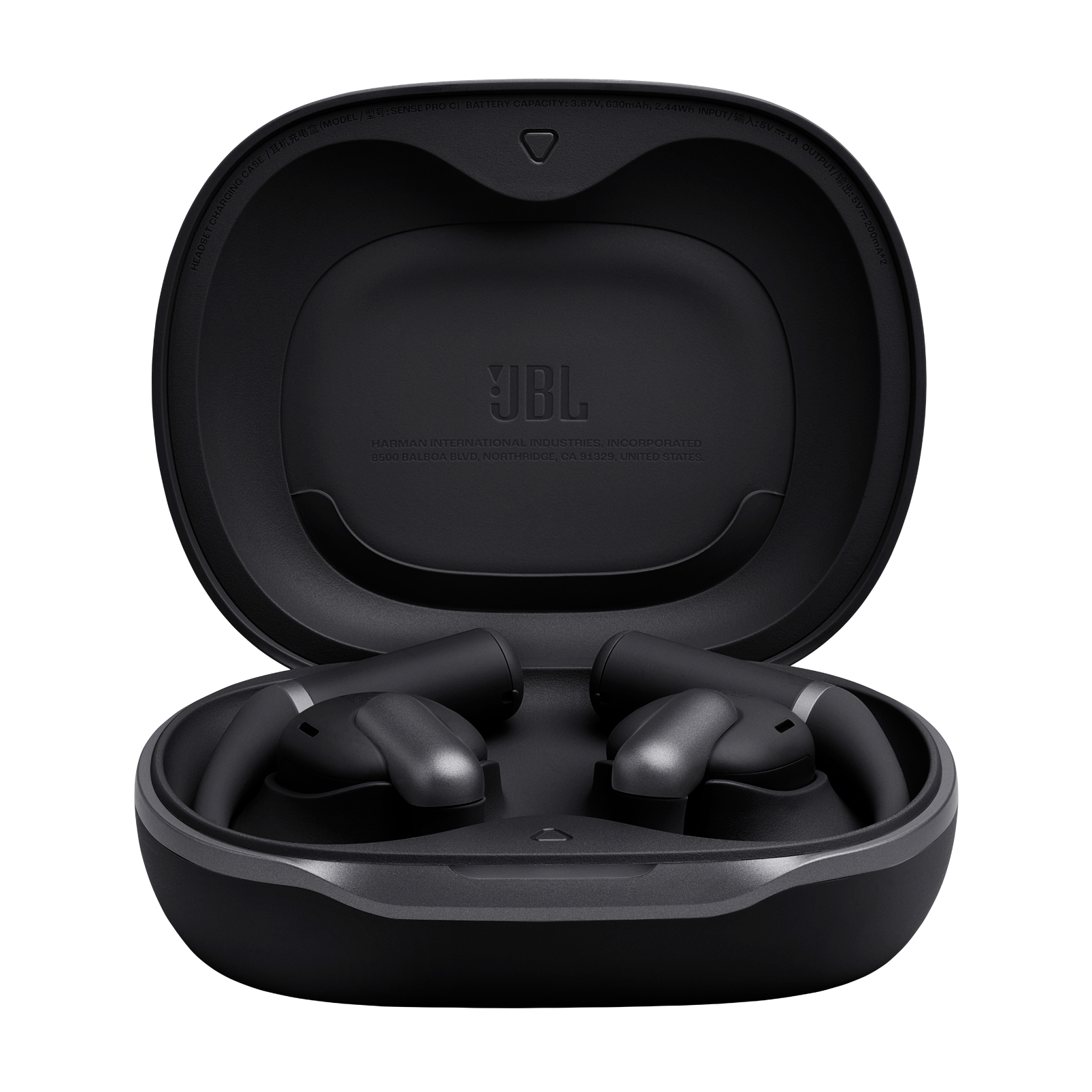 Schwarze JBL-Ohrhörer in einem offenen Ladekoffer. Der Koffer ist schwarz mit JBL-Logo. Ohrhörer sind innen.