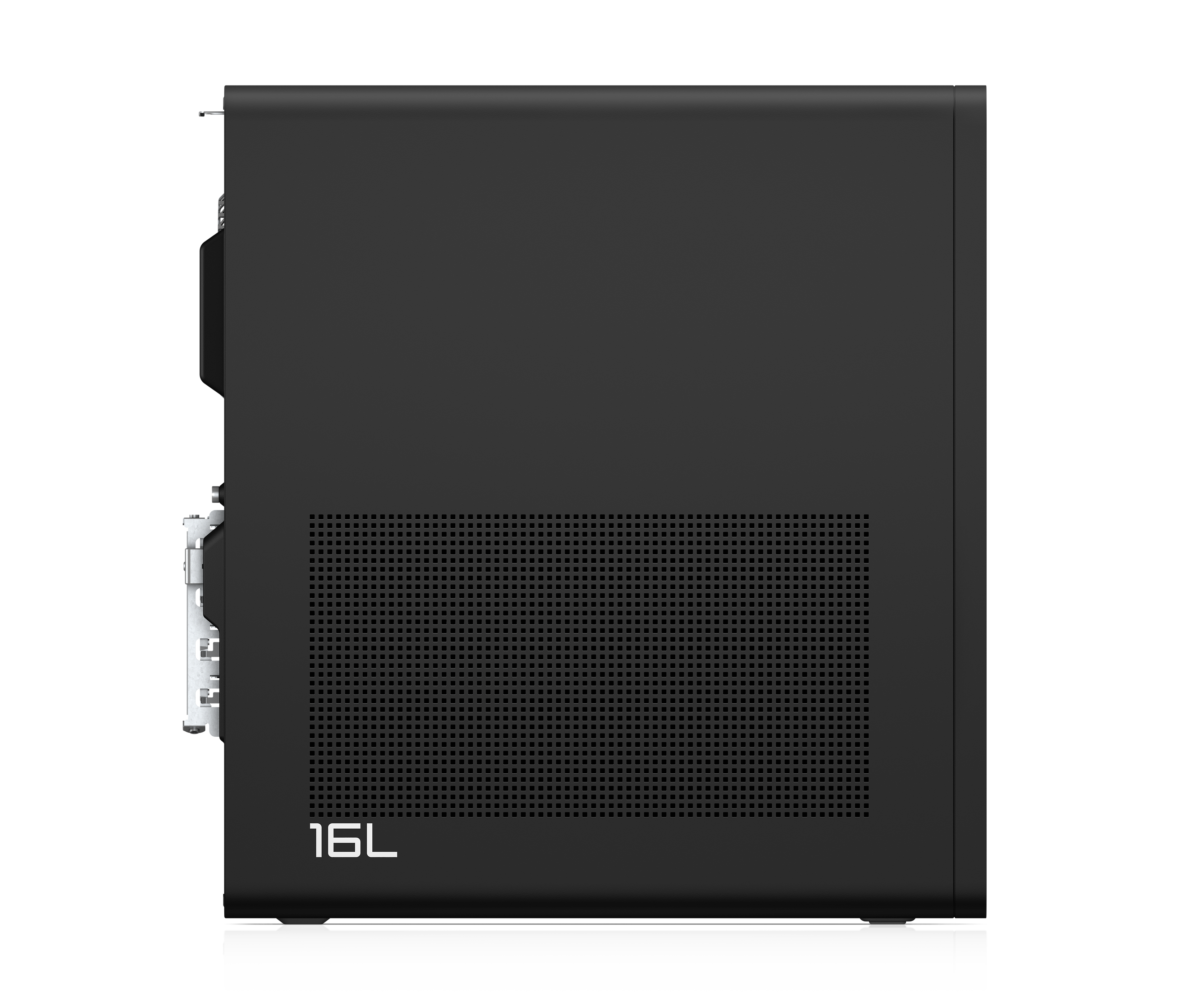Ein schwarzes Computergehäuse mit perforierter Vorderseite. Die Zahl 16L ist weiß aufgedruckt.