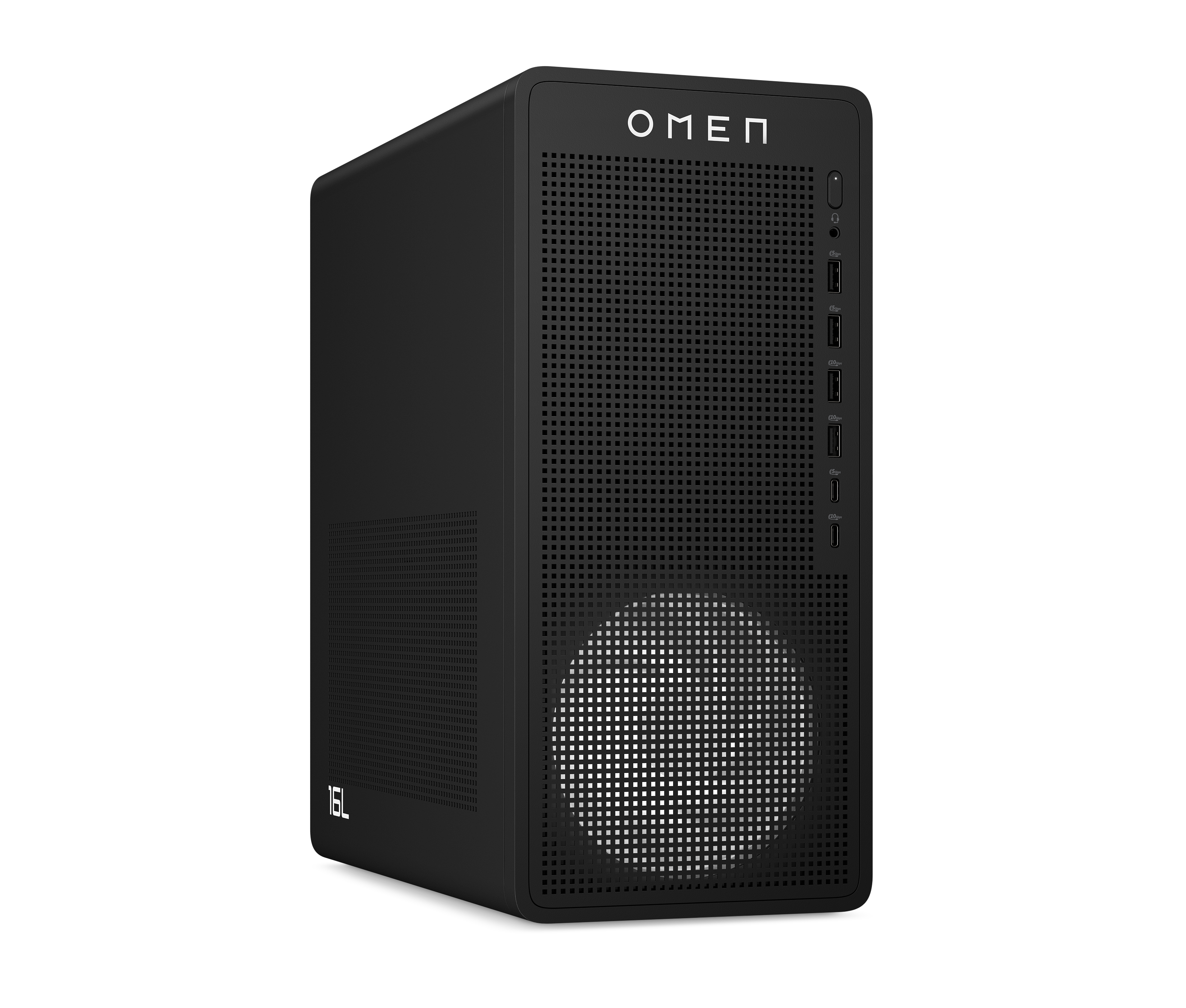 Schwarzer OMEN-Computerturm. Er hat eine Gitterfront, das OMEN-Logo und mehrere USB-Anschlüsse.