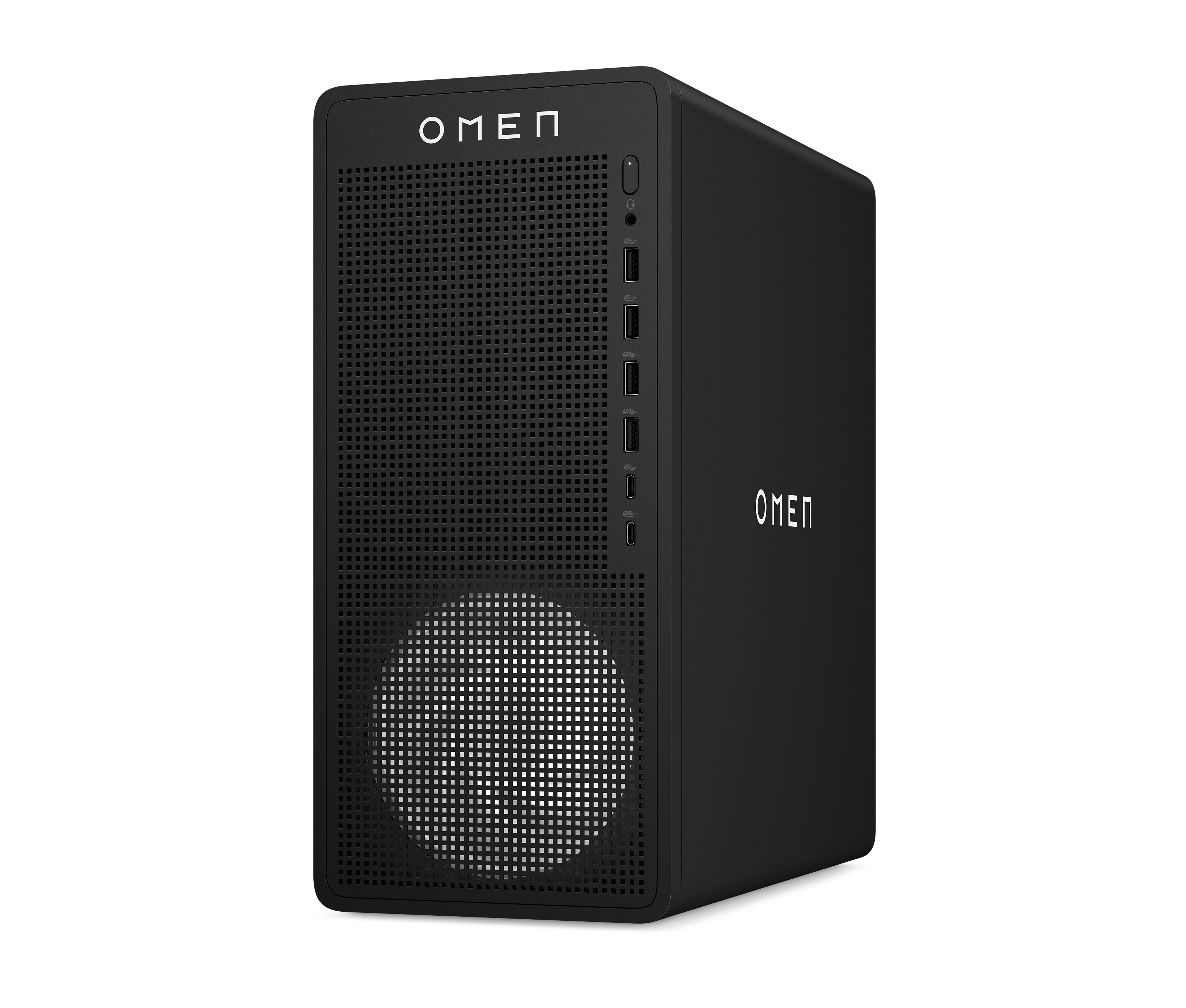 Ein schwarzer OMEN-Desktop-Computer mit OMEN-Logo. Er hat eine perforierte Front und mehrere Anschlüsse an der Seite.