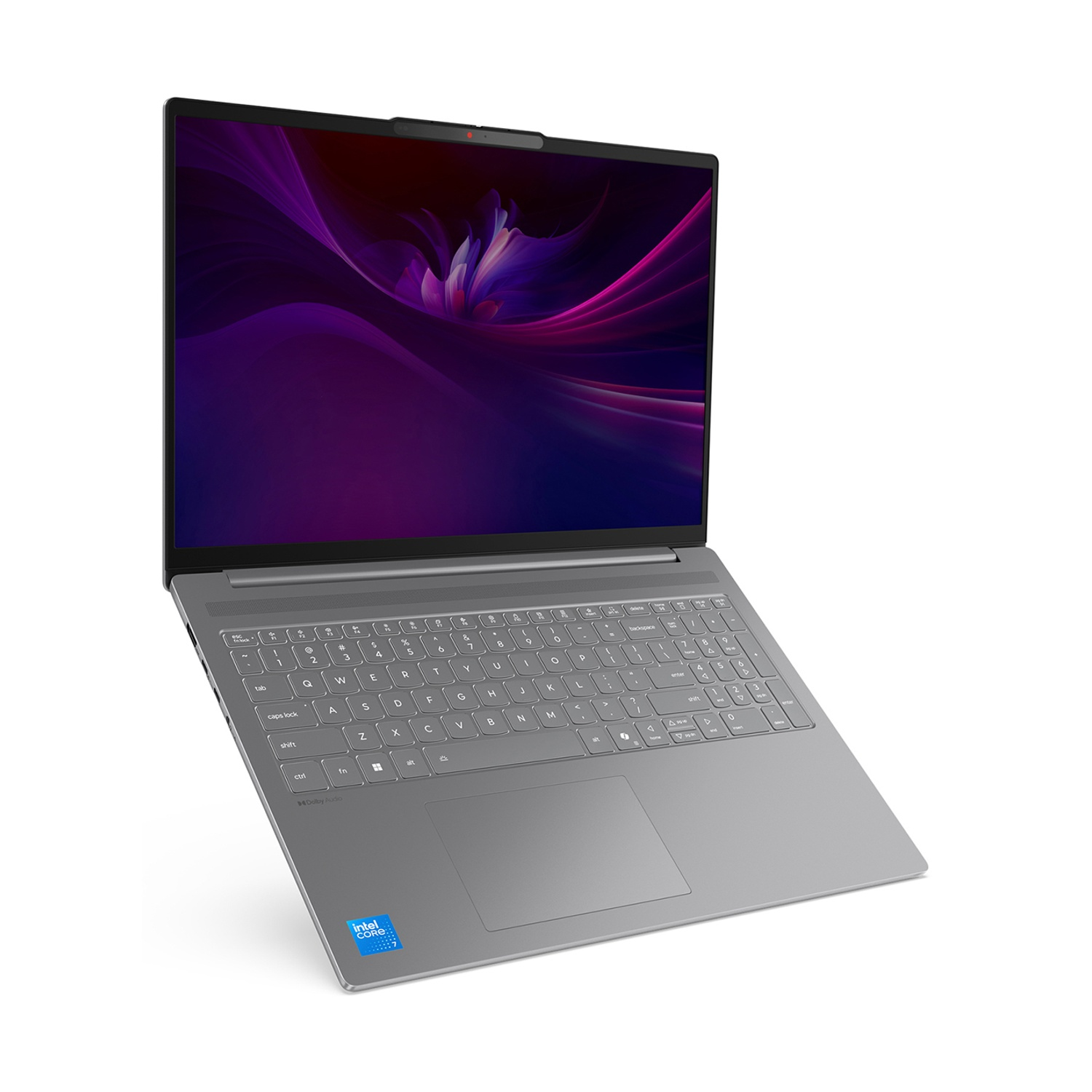 Un laptop grigio è leggermente angolato. Lo schermo mostra un design astratto viola e magenta. La tastiera è visibile con un adesivo Intel Core.
