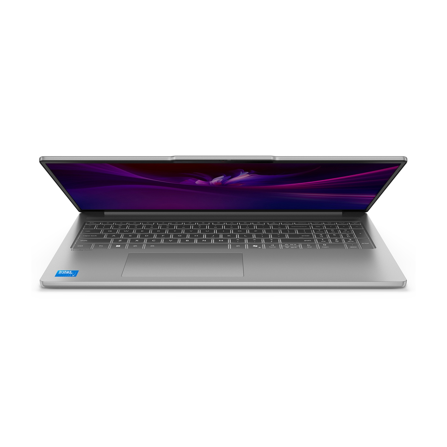 Un laptop argentato con lo schermo aperto, che mostra un'immagine astratta viola e bianca. La tastiera e il touchpad sono visibili.