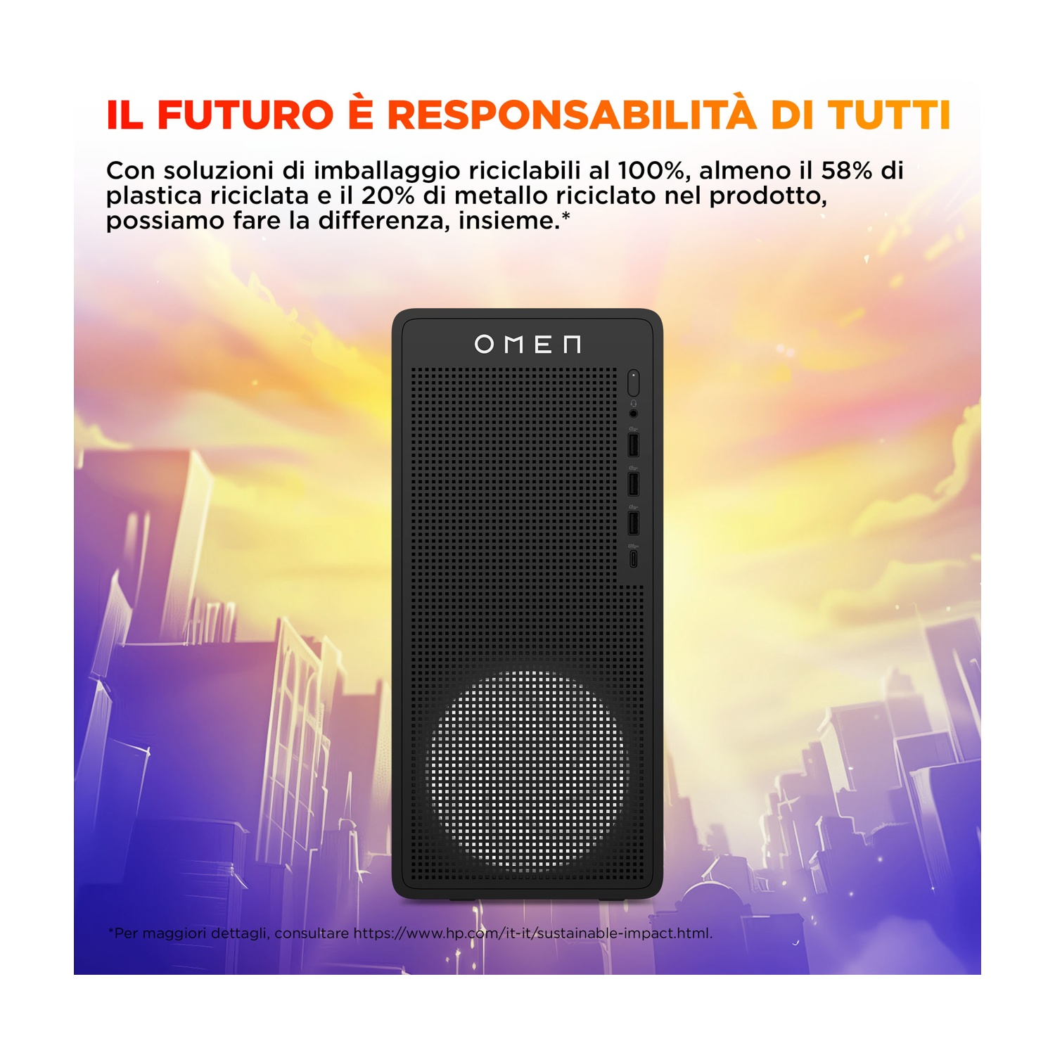 Un computer desktop OMEN nero con un pannello frontale perforato, su uno sfondo colorato con testo sulla sostenibilità.