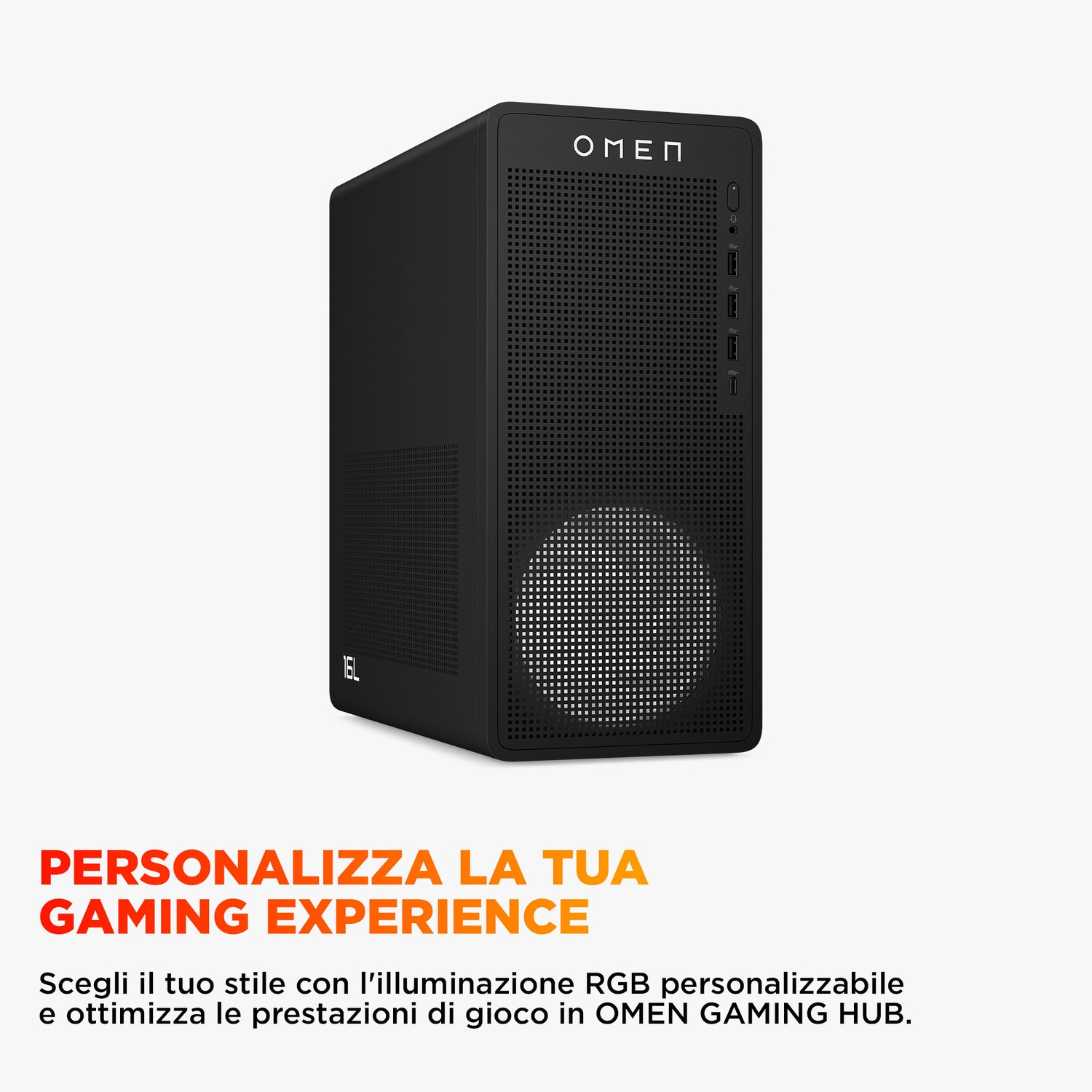 Un PC desktop da gaming OMEN nero con pannello frontale perforato. Il logo OMEN è visibile. Il testo sottostante recita 'Personalizza la tua gaming experience'.