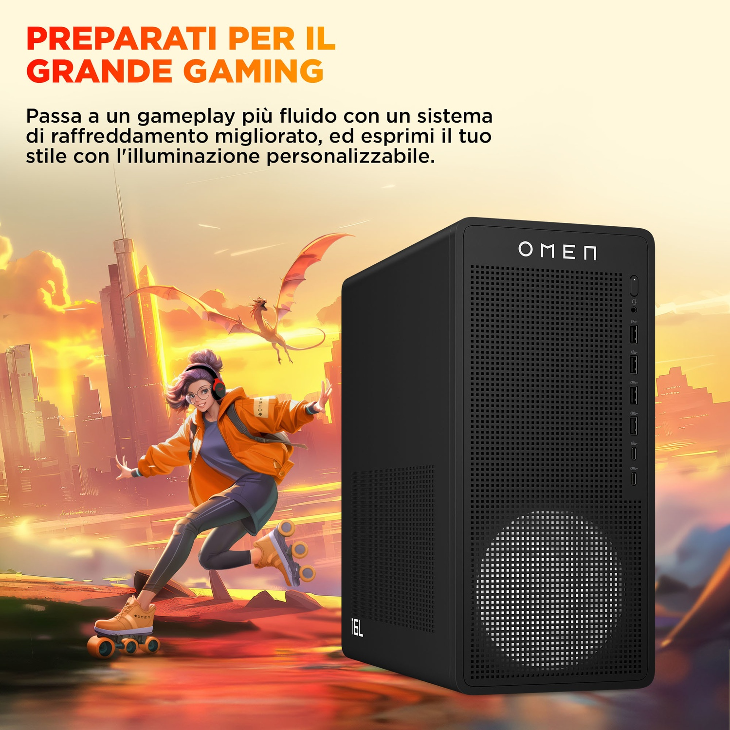 Una persona sui pattini con un drago che vola vicino a un case per computer. Testo: 'PREPARATI PER IL GRANDE GAMING'.
