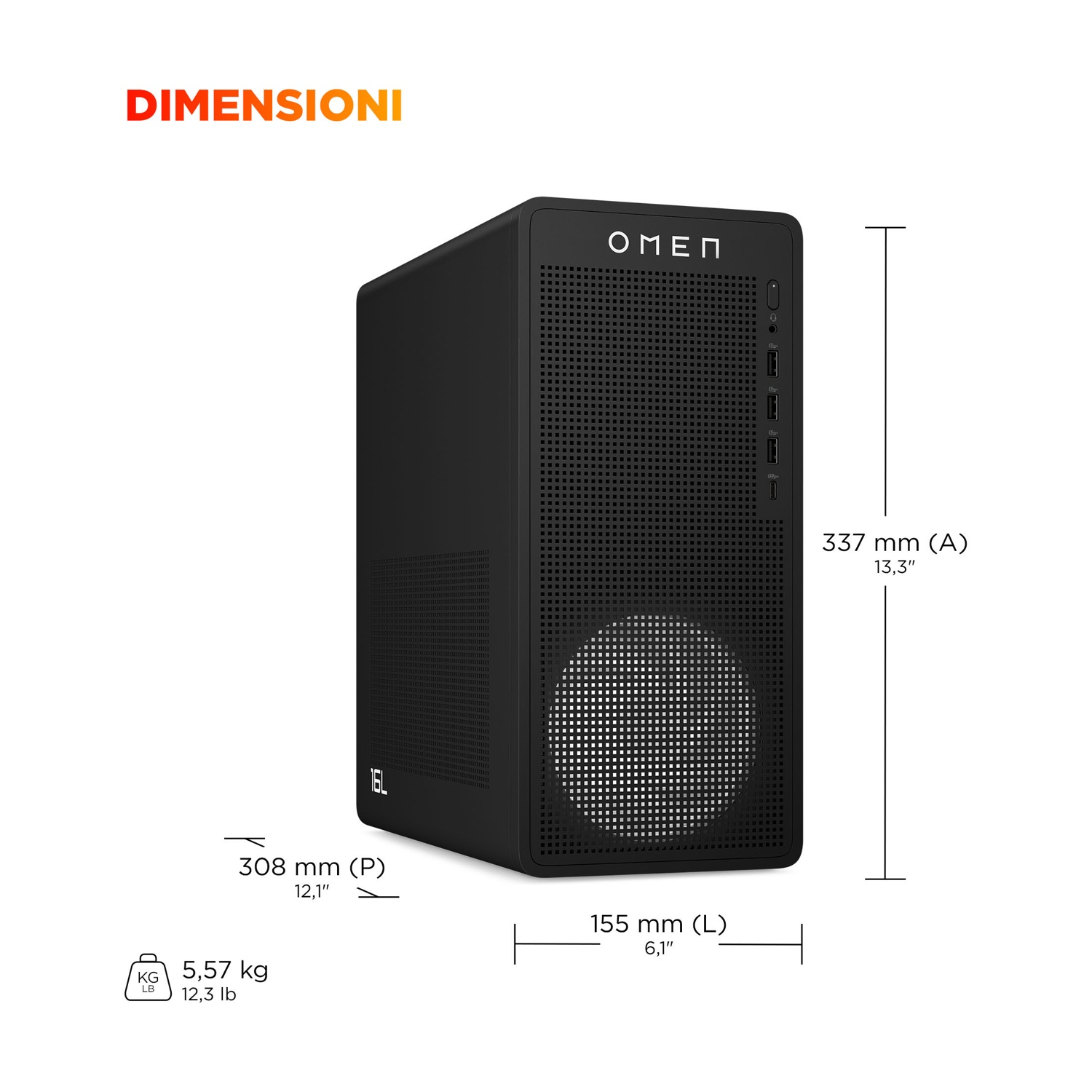 Torre PC Omen nera con dimensioni. Il testo include 'DIMENSIONI', '337mm', '308mm', '155mm' e peso 5,57 kg/12,3 lb.