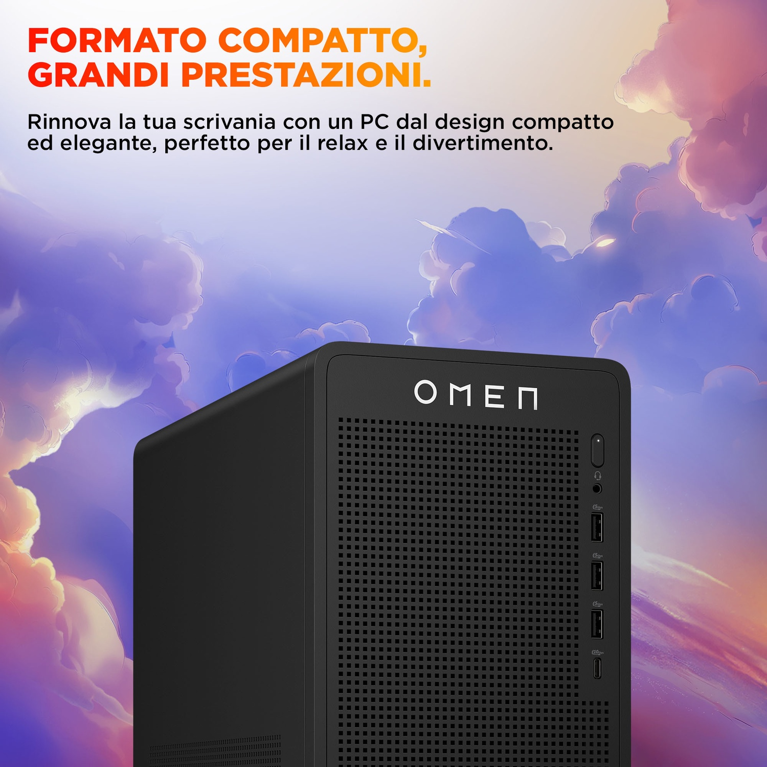 Torre PC OMEN nera con il marchio. Lo sfondo presenta un cielo nuvoloso e viola. Il testo recita 'Formato compatto, grandi prestazioni'.