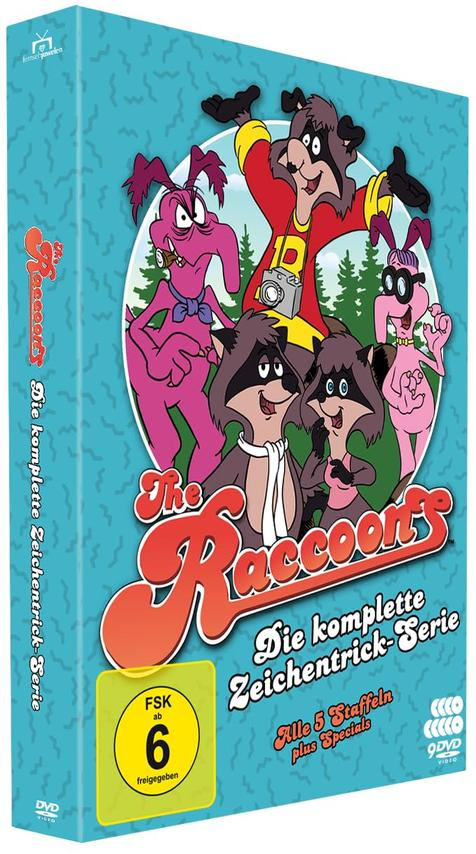 DVD-Box der Zeichentrickserie 'The Raccoons'. Enthält Waschbärfiguren und andere Zeichentierfiguren. Die Box hat Text auf Deutsch.