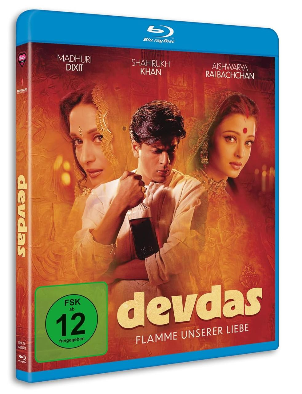 Blu-ray-Cover von Devdas. Mit Shah Rukh Khan, Madhuri Dixit und Aishwarya Rai Bachchan. Der Titel 'Devdas' ist prominent.