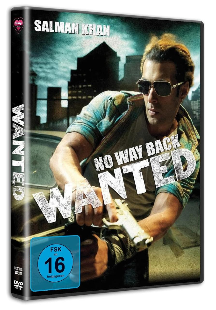 DVD-Cover von 'Wanted' mit Salman Khan. Er hält eine Pistole und trägt eine Sonnenbrille. Der Titel 'Wanted' ist prominent.