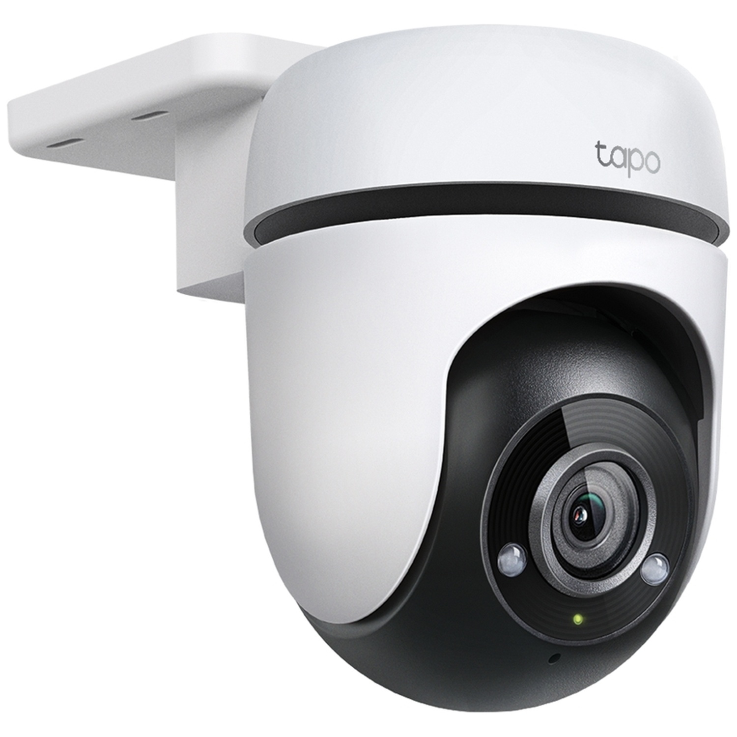 Witte en zwarte beveiligingscamera. Het is gemonteerd op een witte beugel. De camera heeft een zwarte lens en een groen licht.