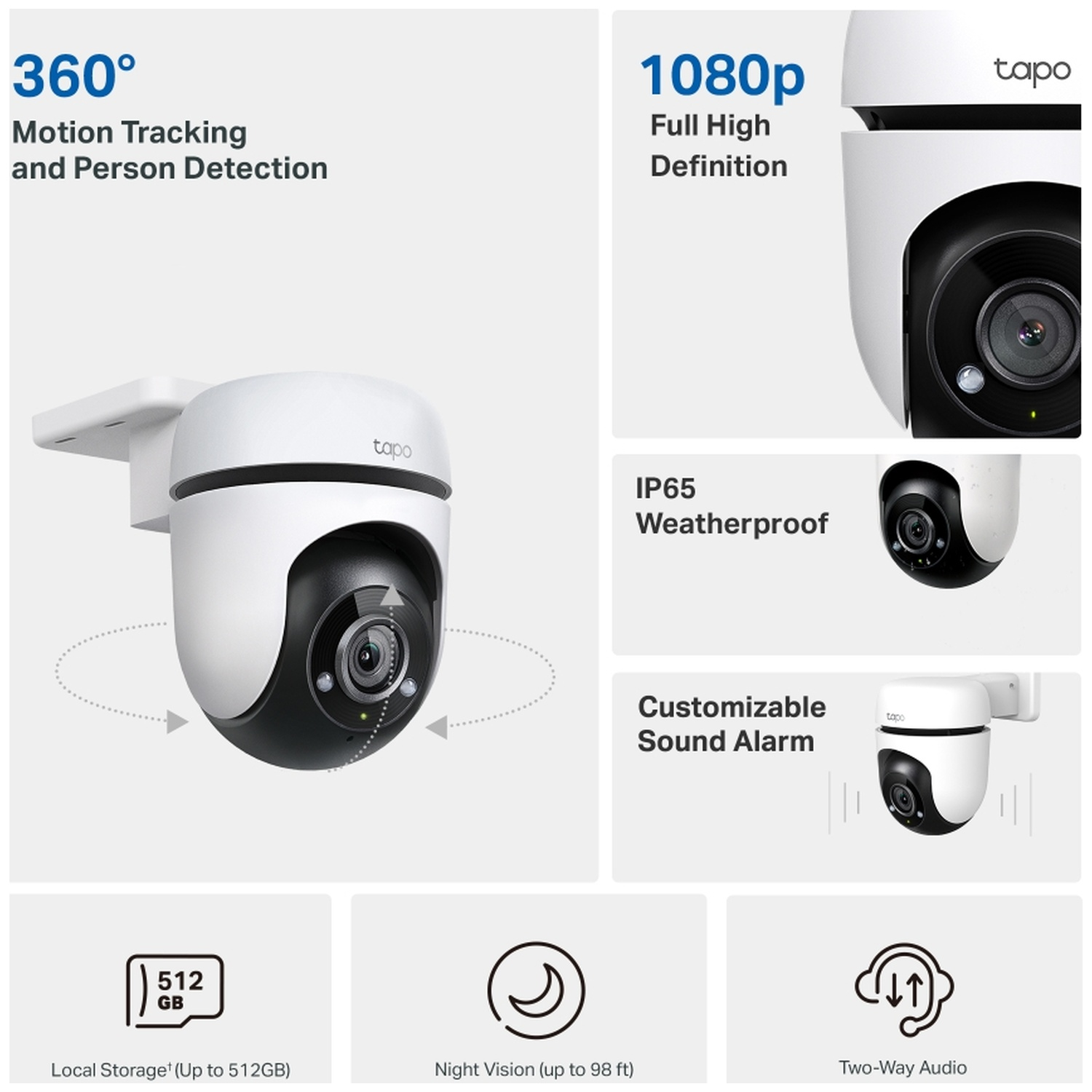 Een zwart-witte Tapo beveiligingscamera met 360° bewegingsdetectie, 1080p resolutie, weerbestendig en nachtzicht.