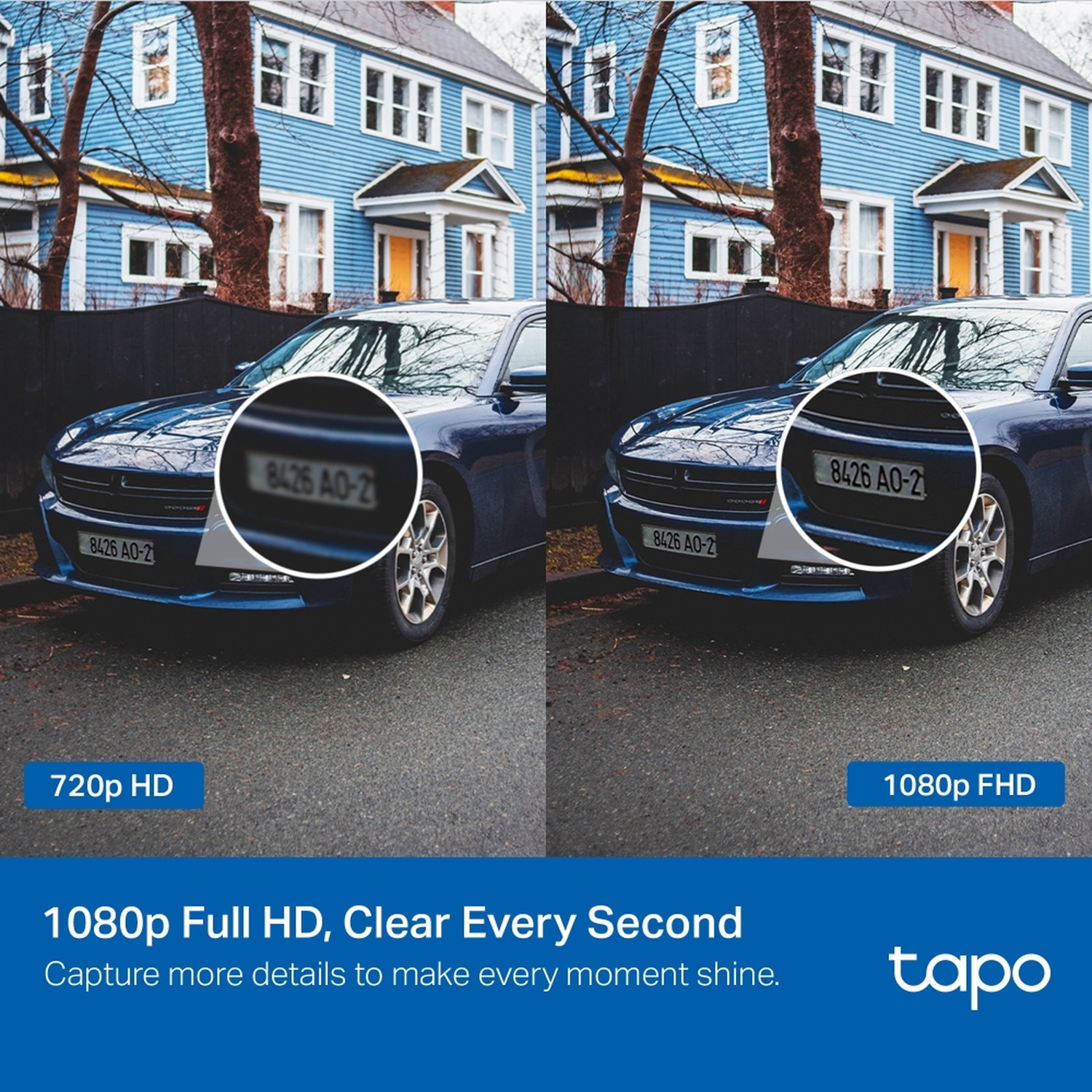Een auto geparkeerd voor een blauw huis. De kentekenplaat wordt vergroot. De tekst luidt '1080p Full HD, Clear Every Second'.