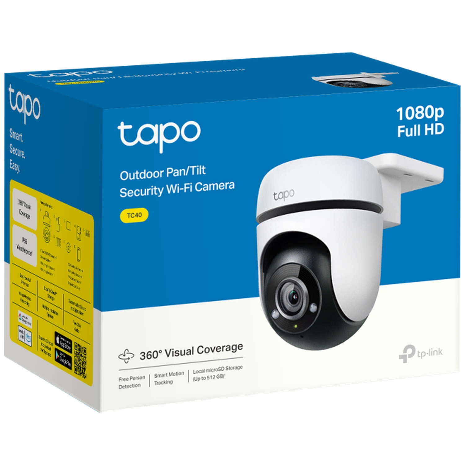 Een Tapo buitencamera in de doos. Witte en zwarte camera, blauwe en witte doos met productdetails.