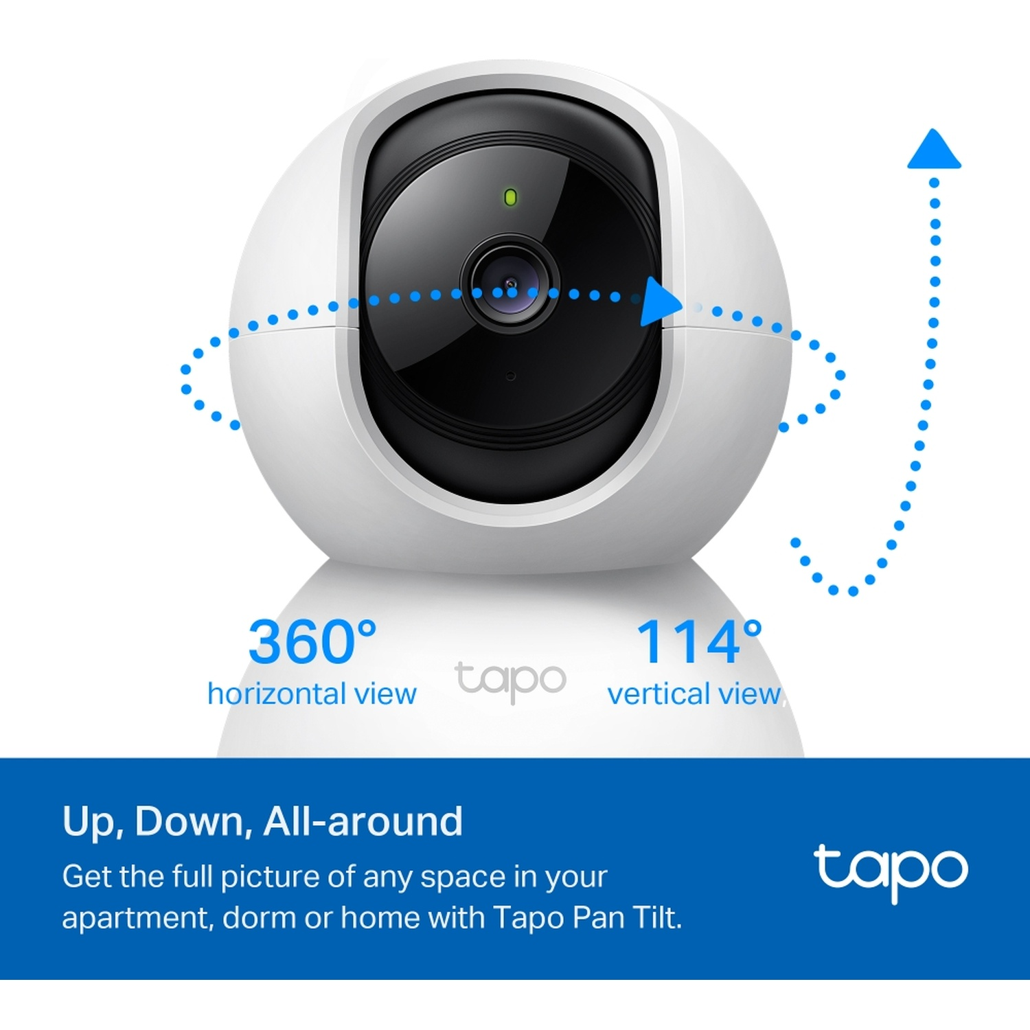 Een witte Tapo camera met zwarte lens, toont 360° horizontaal en 114° verticaal zicht. Bevat tekst: Omhoog, Omlaag, Rondom.