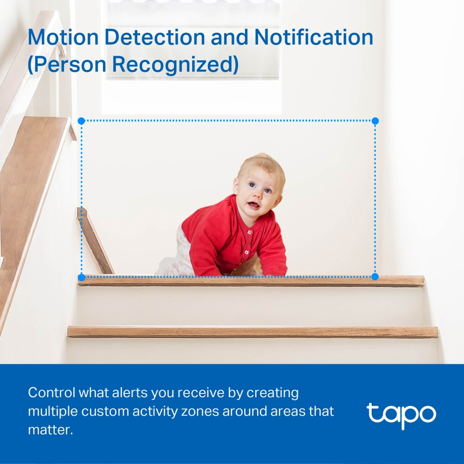 Een baby in een rood shirt kruipt op een trap. De afbeelding is gemarkeerd met een blauwe doos en de tekst luidt 'Bewegingsdetectie en melding'.