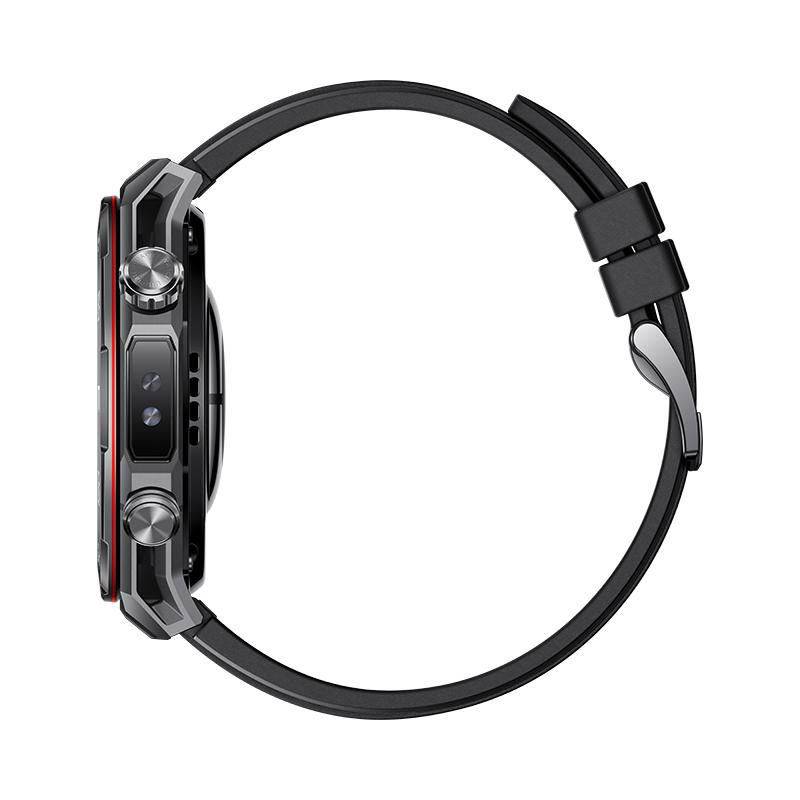 Seitenansicht einer Smartwatch. Schwarze Uhr mit schwarzem Armband und silberner Schnalle. An der Seite der Uhr befinden sich Knöpfe.