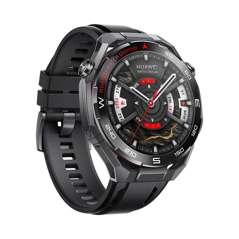 Eine Huawei Watch Ultimate Smartwatch mit schwarzem Armband, die Zeit und Gesundheitsdaten anzeigt. Zu den Funktionen gehören Kompass, Datum und Akku.