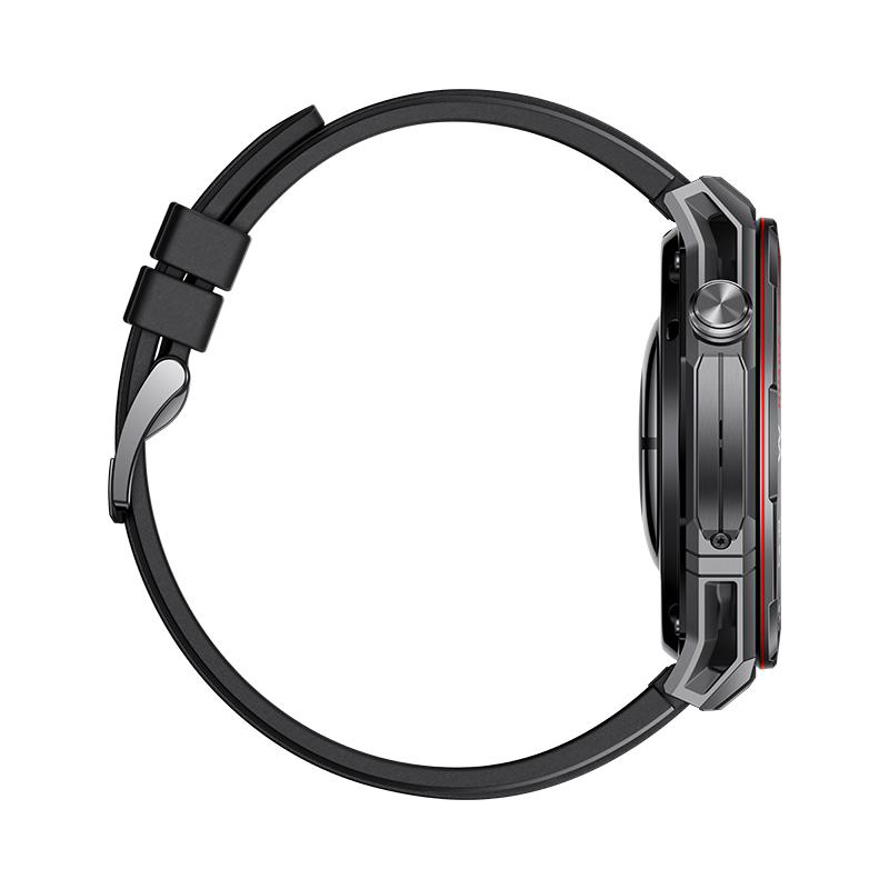 Eine schwarze Smartwatch mit schwarzem Armband wird von der Seite gezeigt. Die Uhr hat einen roten Akzent und eine silberne Schließe.