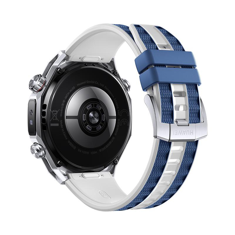 Eine Huawei-Smartwatch, von hinten betrachtet. Sie hat ein schwarzes Zifferblatt, ein weißes und blaues Armband und eine Metallschnalle.
