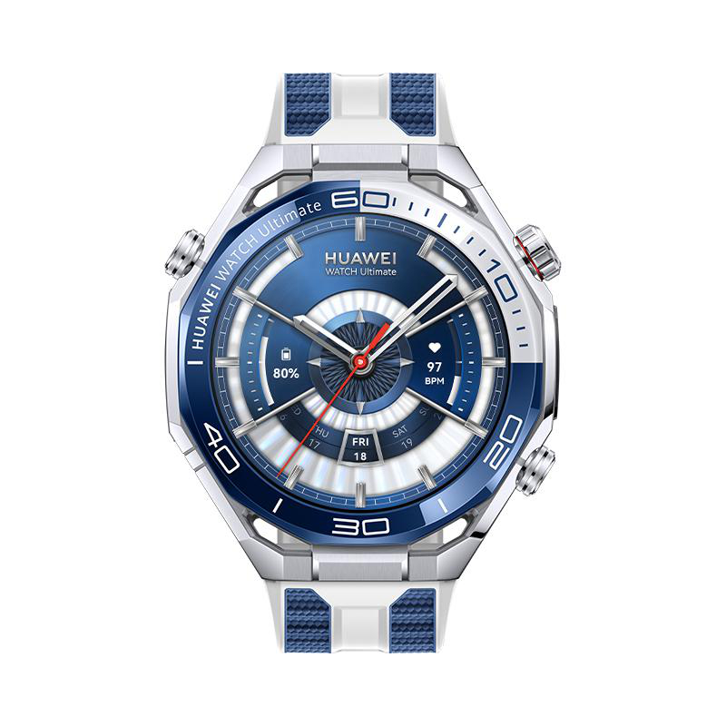 Eine Huawei Watch Ultimate Smartwatch. Die Uhr hat ein blaues und silbernes Design, mit einem weißen Armband und dem Datum auf dem Bildschirm.