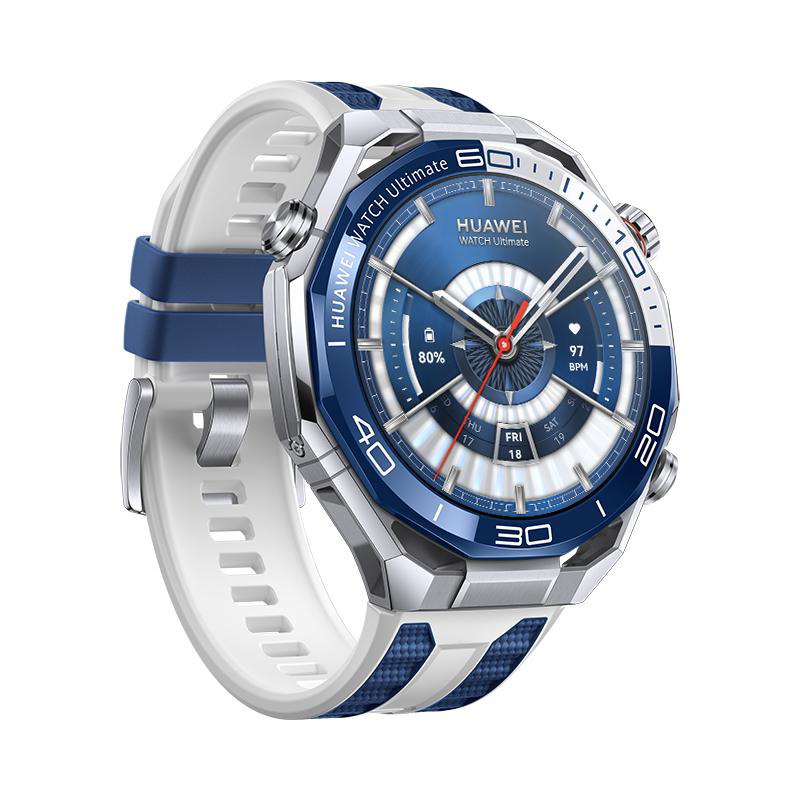 Eine Huawei Watch Ultimate Smartwatch. Sie hat eine blau-silberne Lünette, ein weißes Armband und ein blaues Zifferblatt mit Daten.