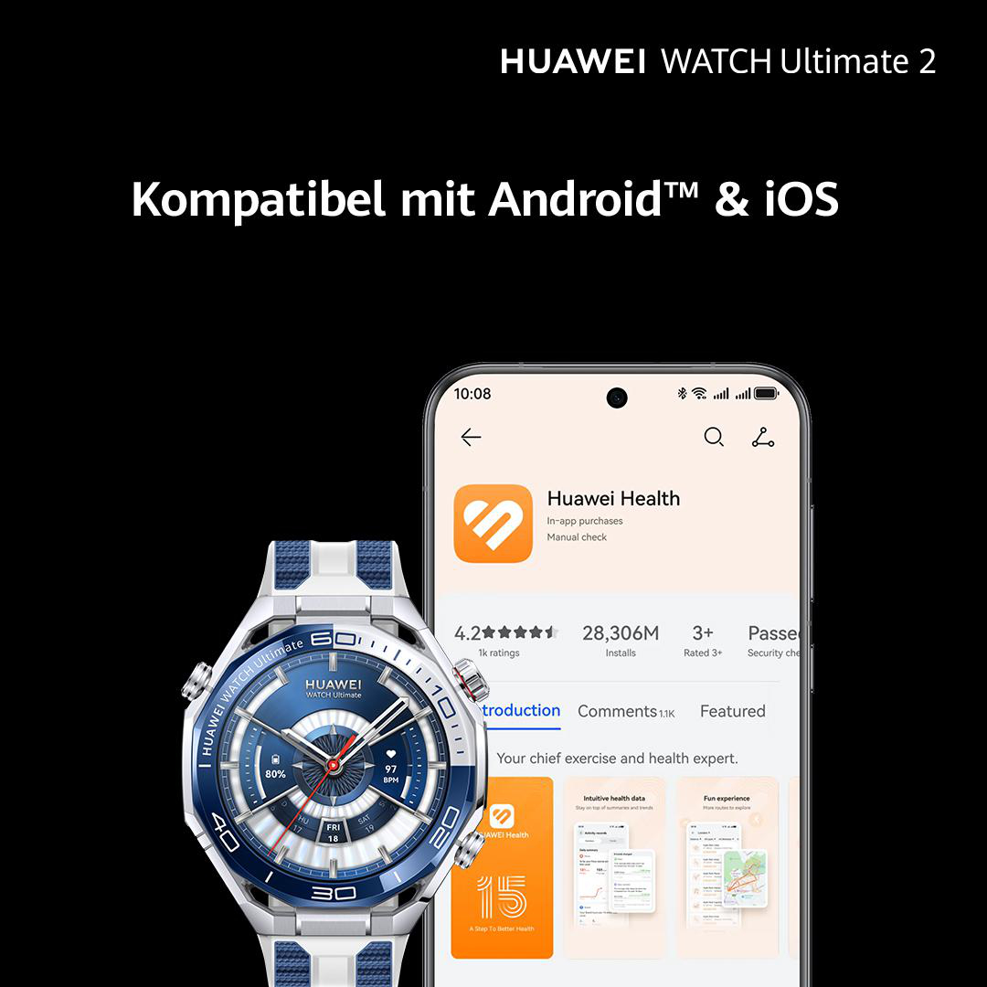Eine teilweise sichtbare Huawei Watch Ultimate 2 neben einem Telefonbildschirm, der die Huawei Health App-Oberfläche zeigt.