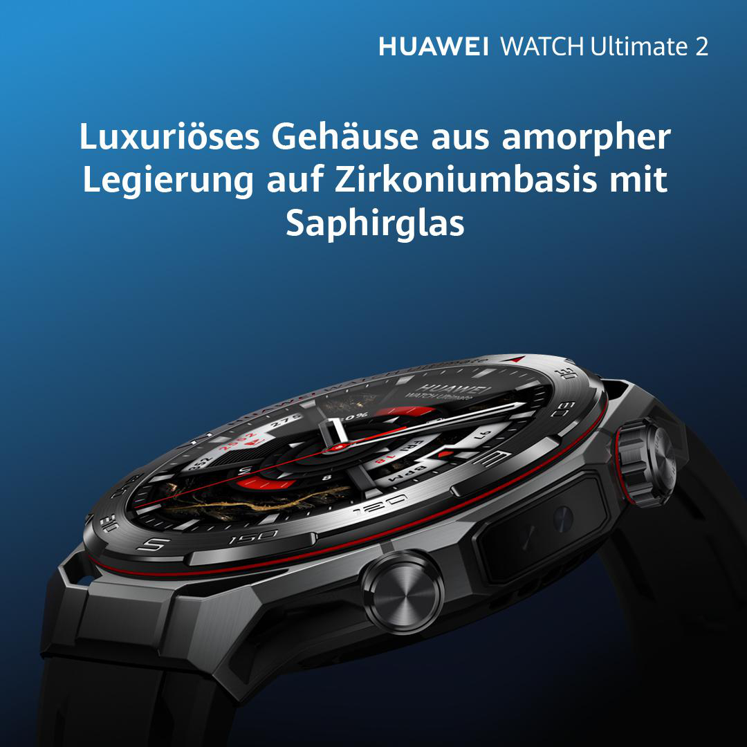 Eine schwarze und silberne Huawei Watch Ultimate 2. Sie hat ein schwarzes Armband und ein Metallgehäuse. Das Zifferblatt zeigt Daten an.