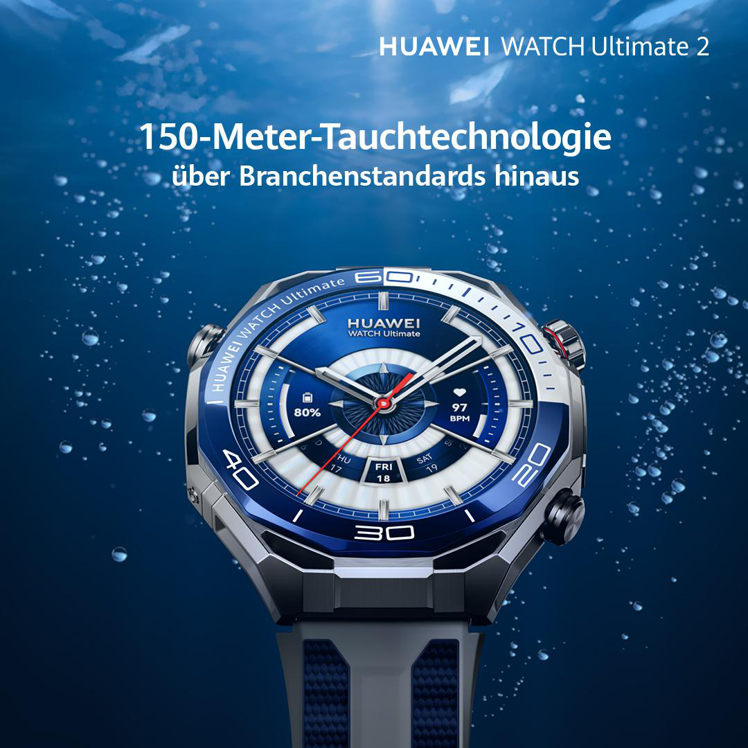 Eine blaue und silberne Huawei Watch Ultimate 2 zeigt Zeit und Statistiken. Der Text oben lautet: 150-Meter-Tauchtechnologie über Branchenstandards hinaus.