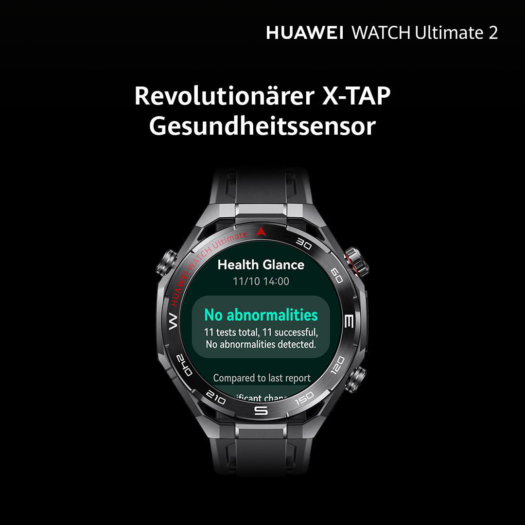 Eine Huawei Watch Ultimate 2 zeigt Gesundheitsdaten an. Der Bildschirm zeigt 'Keine Auffälligkeiten' und Gesundheitsmetriken. Die Uhr ist schwarz.