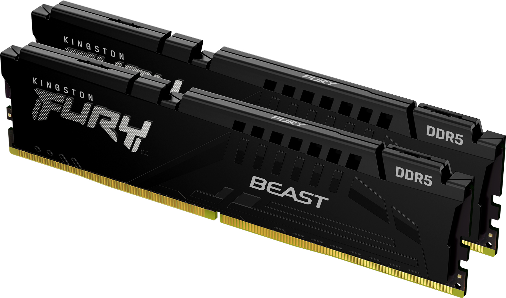 Zwei schwarze Kingston Fury DDR5 RAM-Riegel. Sie haben goldene Kanten und weiße Schriftzüge. Der Hintergrund ist weiß.