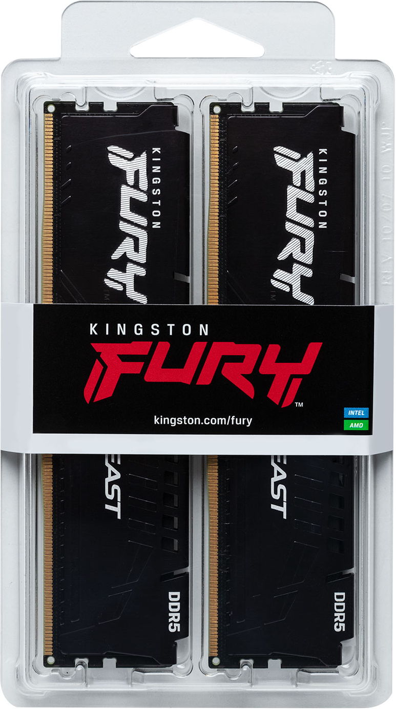 Eine Packung mit vier schwarzen RAM-Modulen. Auf dem Etikett steht Kingston Fury. Die Module befinden sich in einem transparenten Kunststoffbehälter.