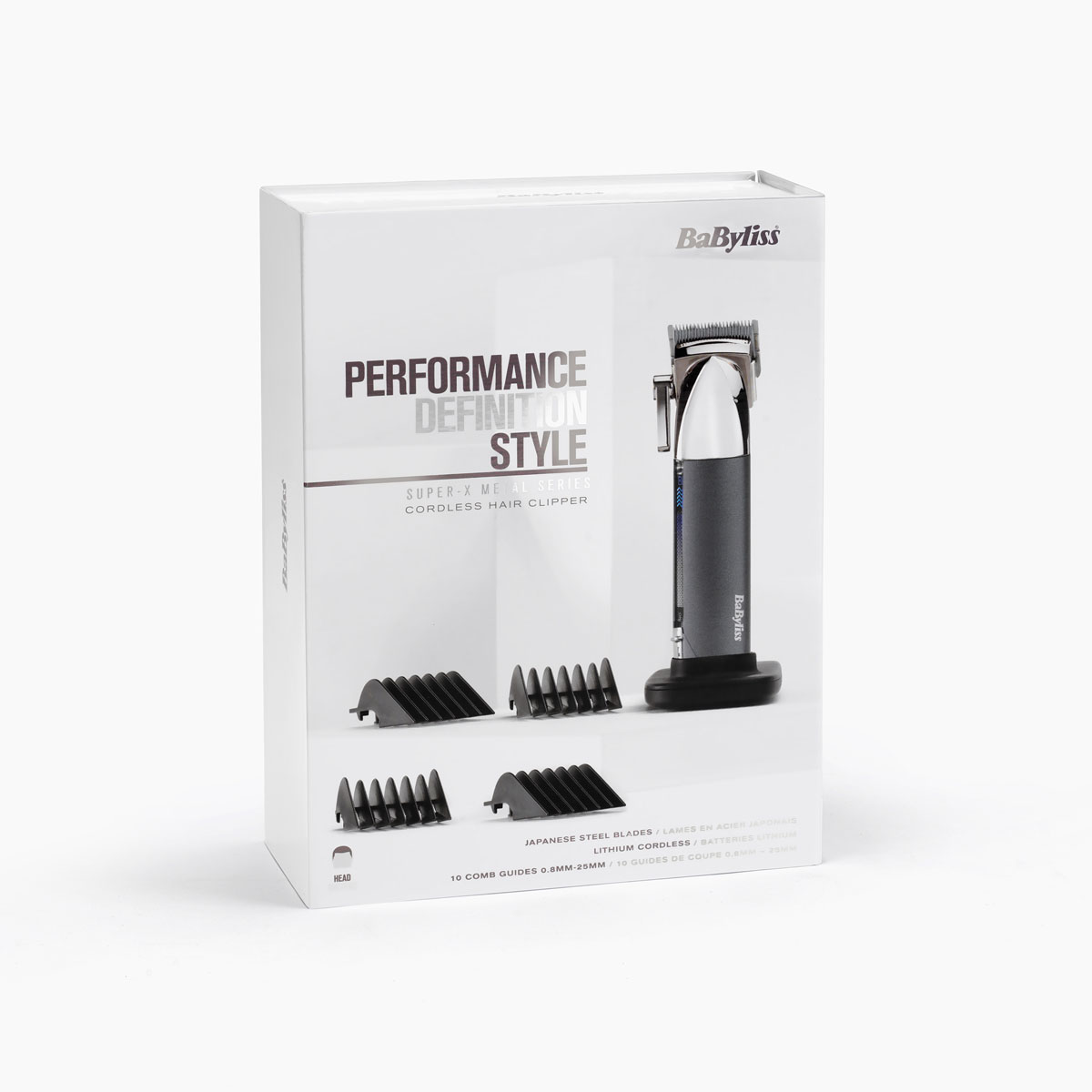 Eine Babyliss Haarschneidemaschine-Box. Die Box hat ein Bild des Clippers, mehrere Kammführungen und Text über das Produkt.