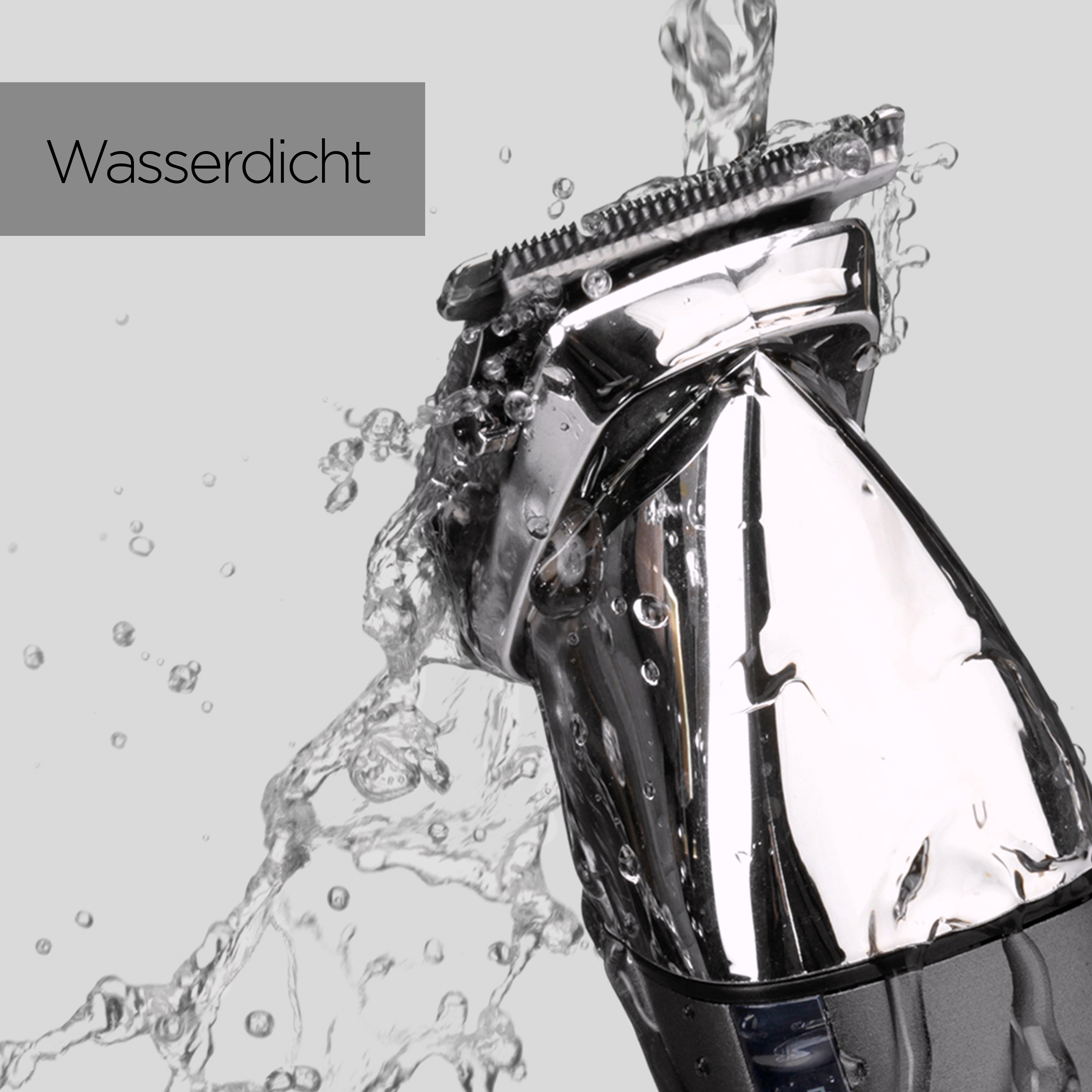 Ein silberner Elektrorasierer wird mit Wasser gespült. Das Wort 'wasserdicht' steht oben links.