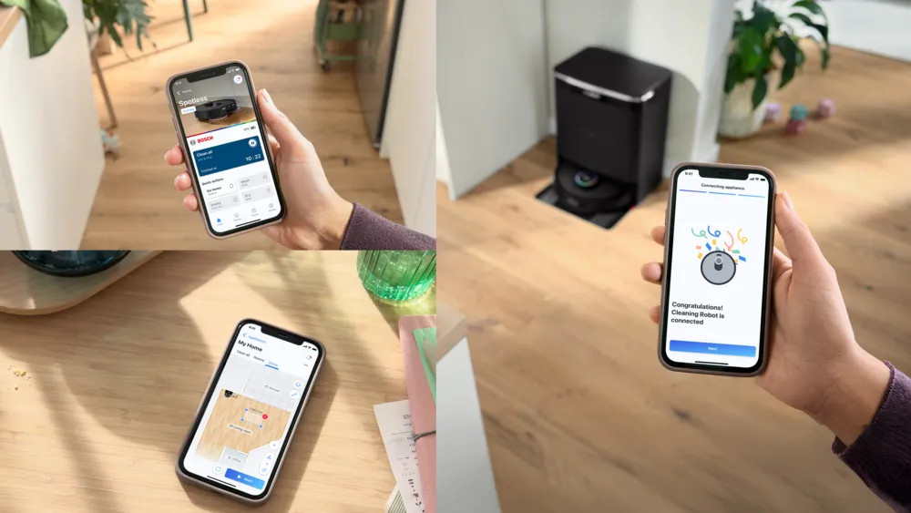 Osoba używa smartfona do sterowania robotem sprzątającym, pokazując interfejsy aplikacji i odkurzaczem automatycznym.