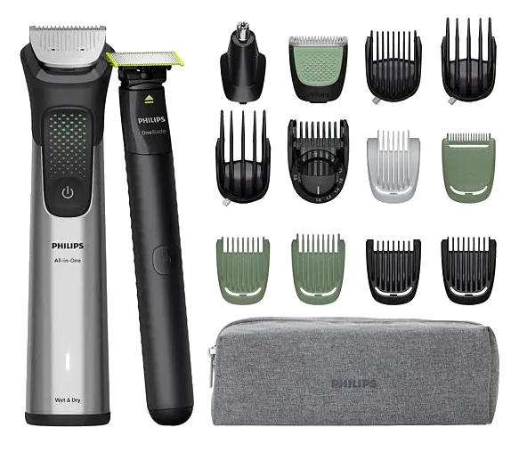 Zestaw do pielęgnacji Philips z trymerem, OneBlade, nasadkami i etui. Czarne i srebrne trymer, zielone i czarne nasadki.