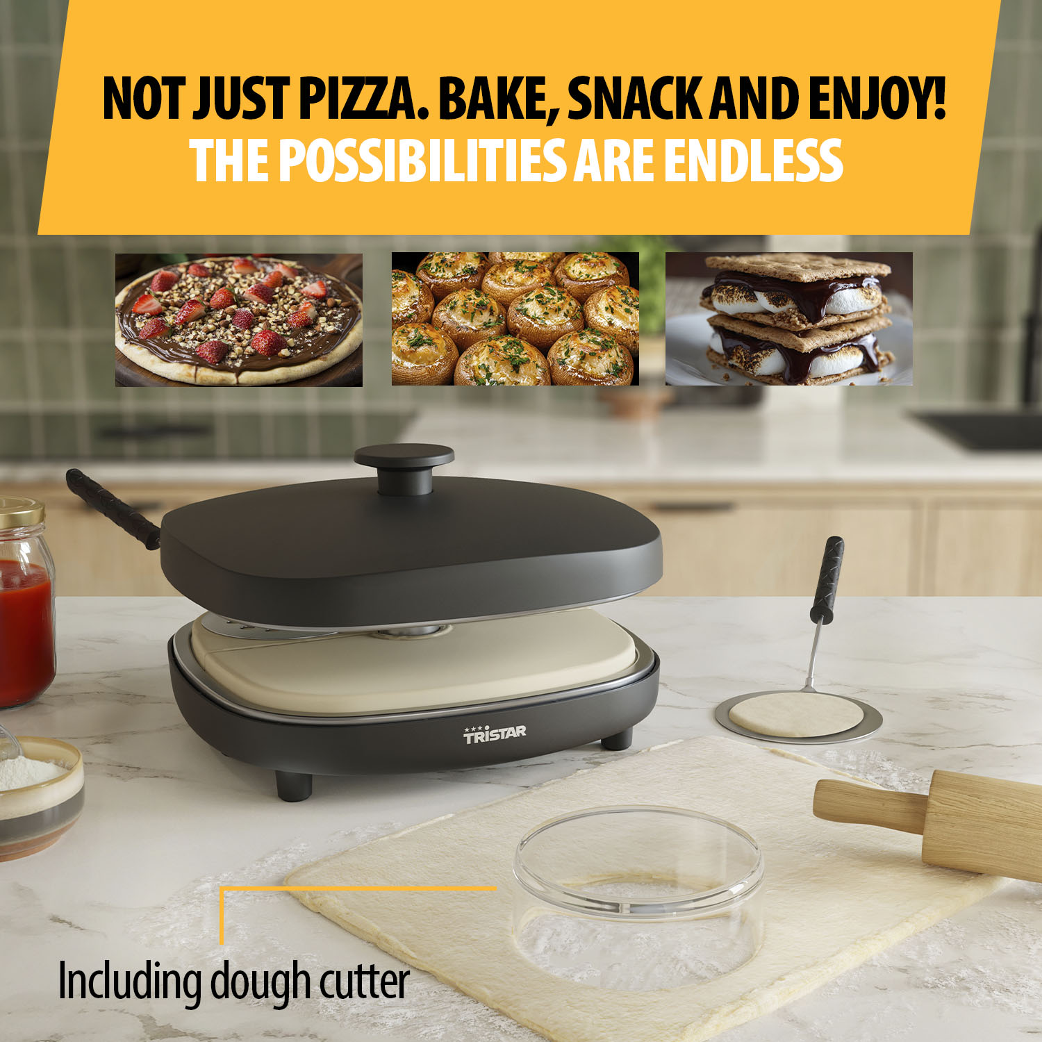 Een pizzamaker met pizza, gebakken champignons en s'mores. Inclusief deegsnijder en deegroller. Tekst zegt 'bak, snack en geniet'.