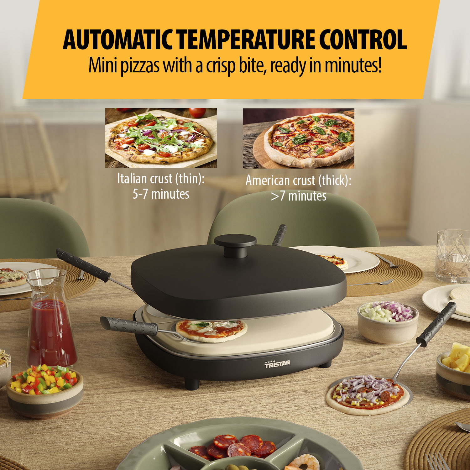Pizzamaker met pizza's, ingrediënten. Tekst: Automatische temperatuurregeling. Mini pizza's met een knapperige bite, klaar in minuten!