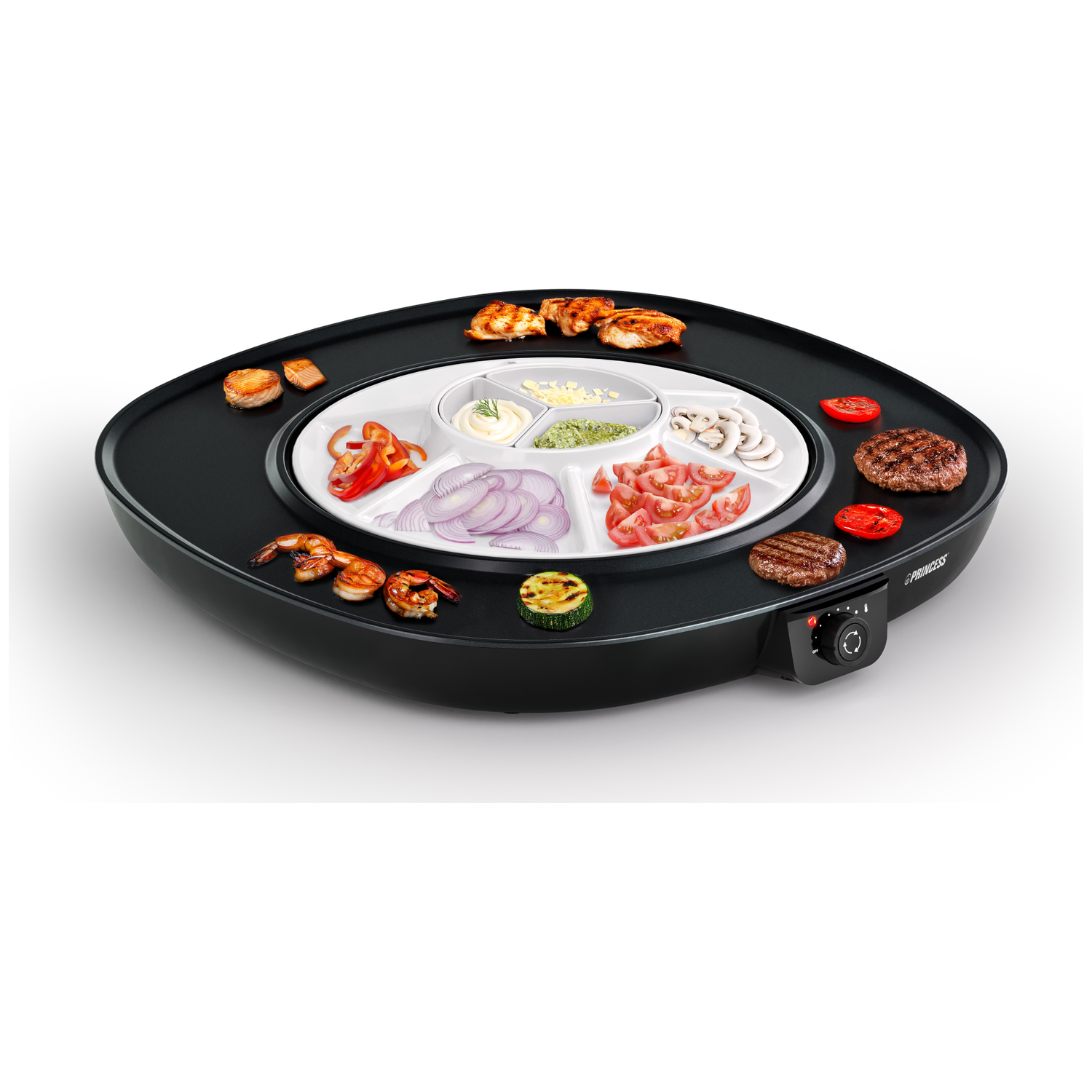 A black electric grill with various food items: grilled meat, vegetables, shrimp, and sauces, arranged around a central plate.