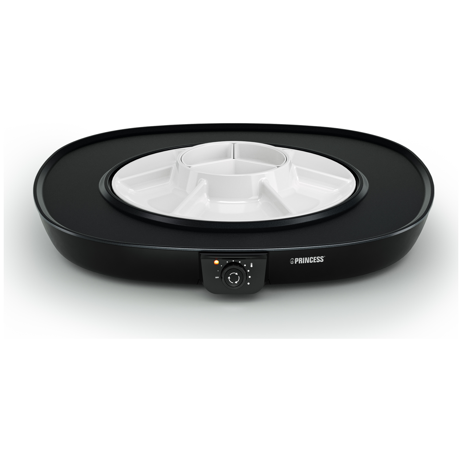 A black and white Princess fondue set. It has a circular design with a white container in the middle and a control panel on the side.