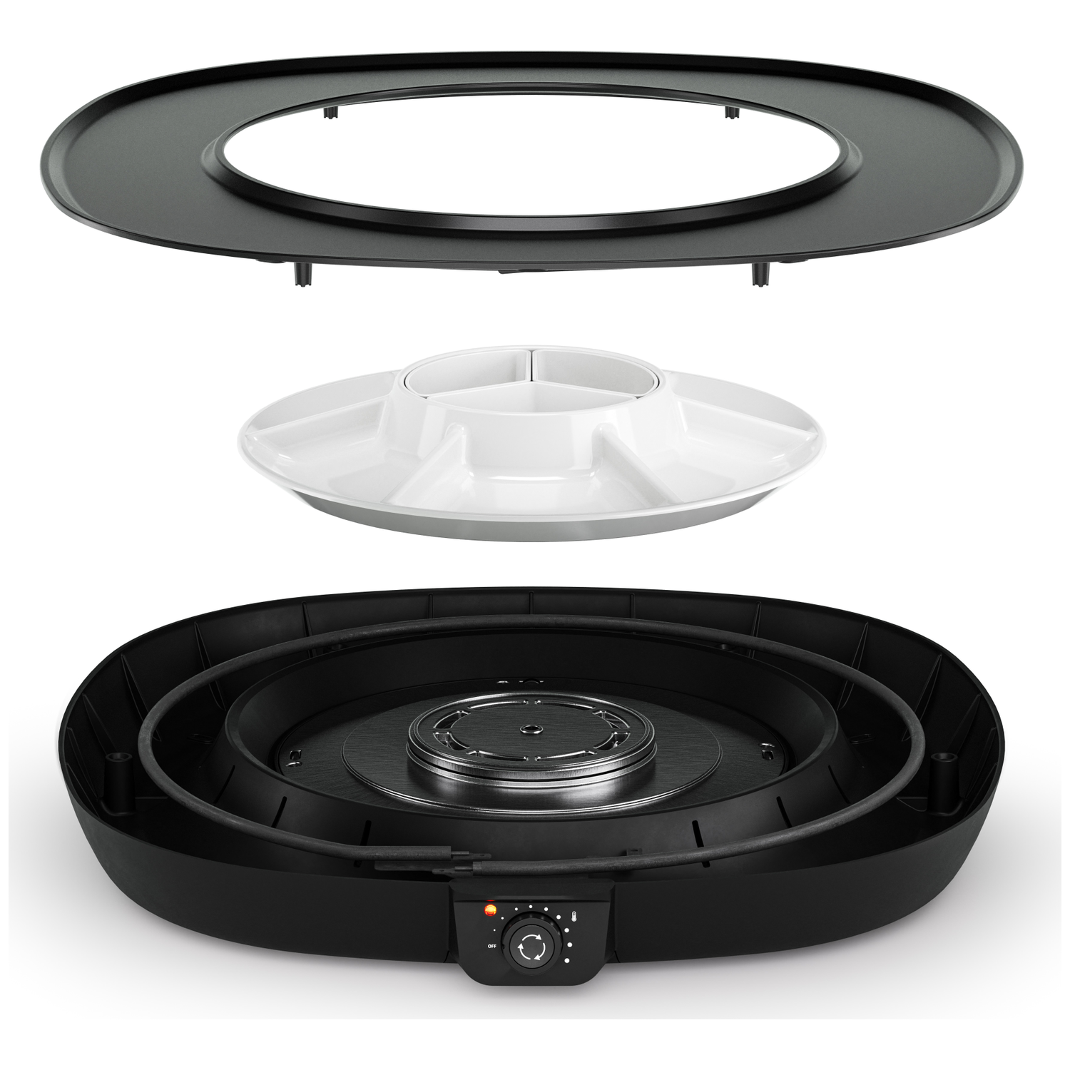 Exploded view of an electric grill. Components include a black top ring, white serving tray, and black base with heating elements.