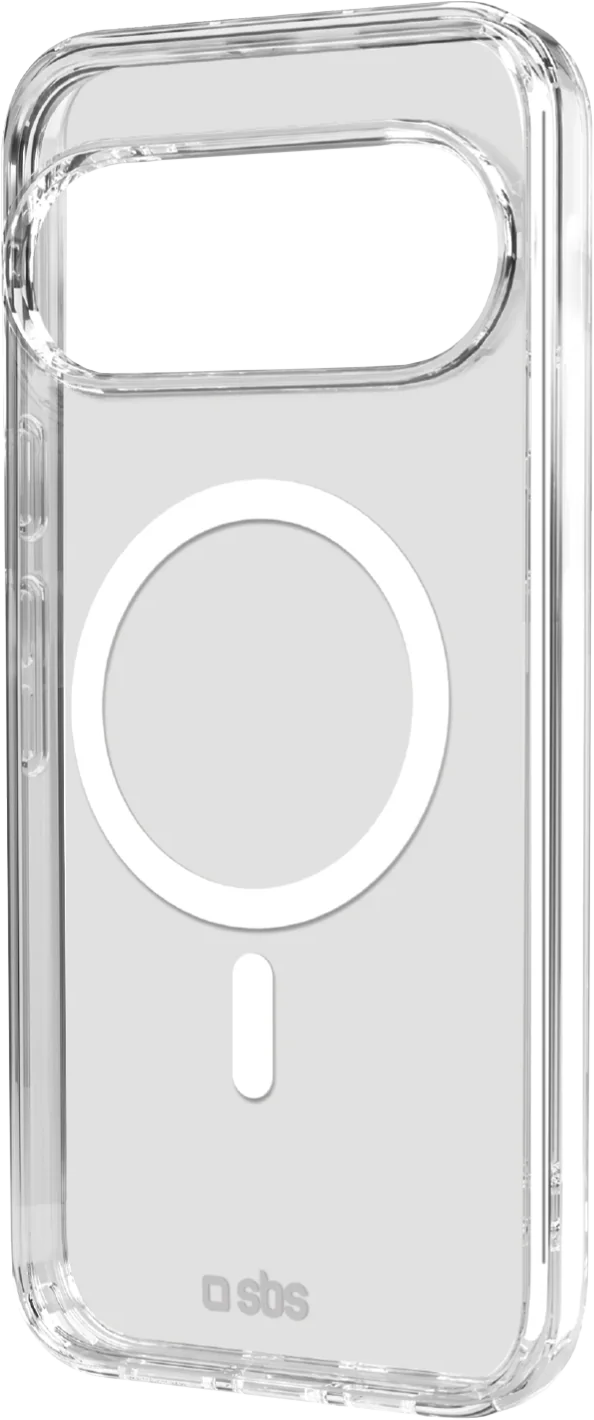 Transparente Handyhülle mit MagSafe-Ring und Logo. Klares Plastik. Weißer Ring für das Ladegerät. Quadratisches sbs-Logo unten.
