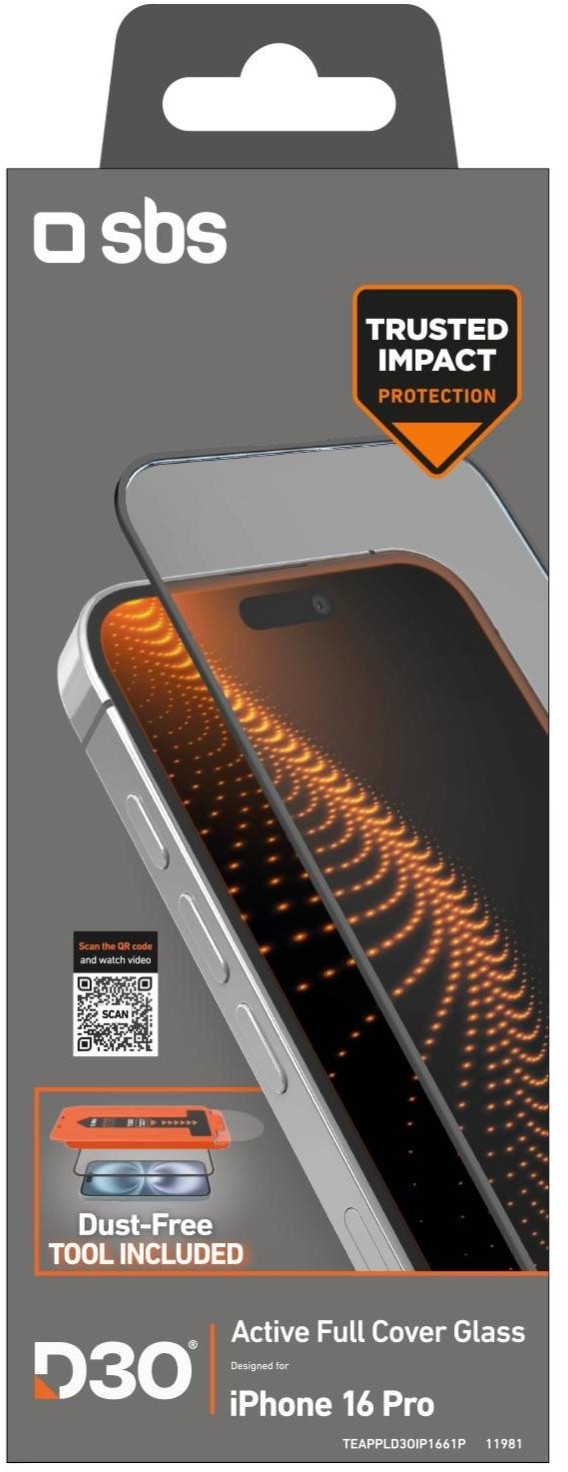 Die Box zeigt das iPhone 16 Pro. Es ist für Active Full Cover Glass. Merkmale sind Trusted Impact Protection und Dust-Free Tool Included.