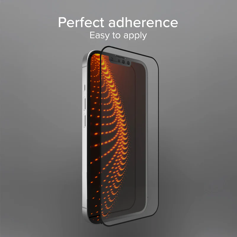 Ein Telefon mit angebrachtem Displayschutz. Der Bildschirm zeigt ein orangefarbenes Muster. Der Text oben lautet: 'Perfekte Haftung, einfach anzuwenden'.