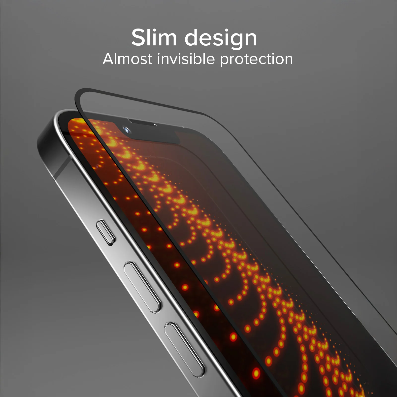 Ein Smartphone mit aufgebrachter Displayschutzfolie. Der Text oben lautet 'Schlankes Design, fast unsichtbarer Schutz'.